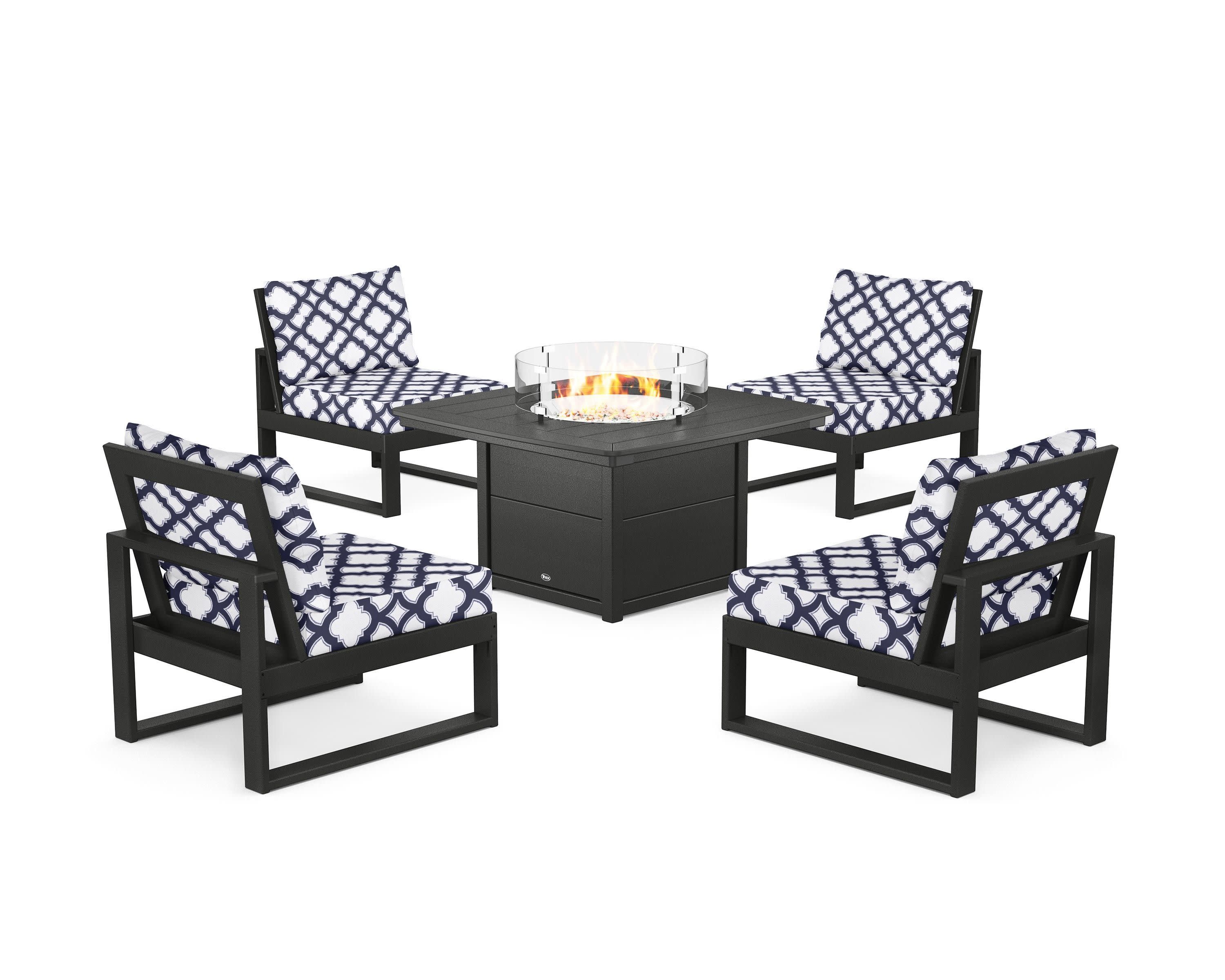 Eastport Modular 5-Piece Deep Seating Set with Yacht Club Fire Pit Table in Charcoal Black / Trellis Navy