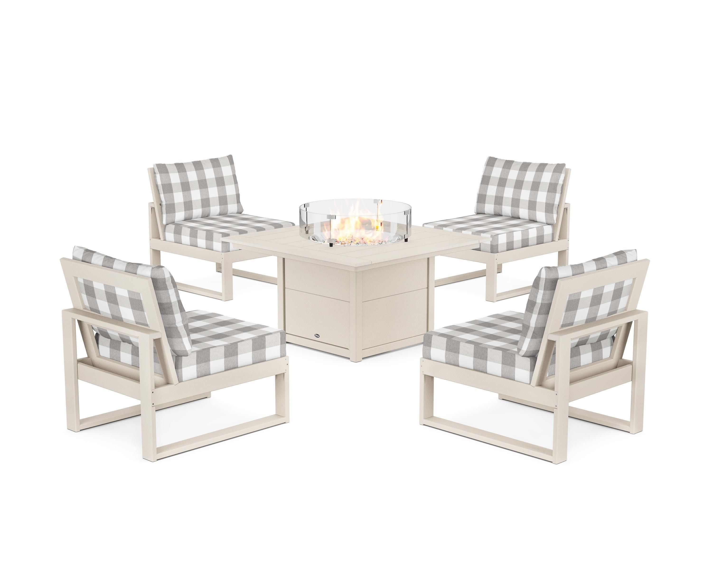 Eastport Modular 5-Piece Deep Seating Set with Square Fire Pit Table in Sand Castle / Buffalo Plaid Grey Mist