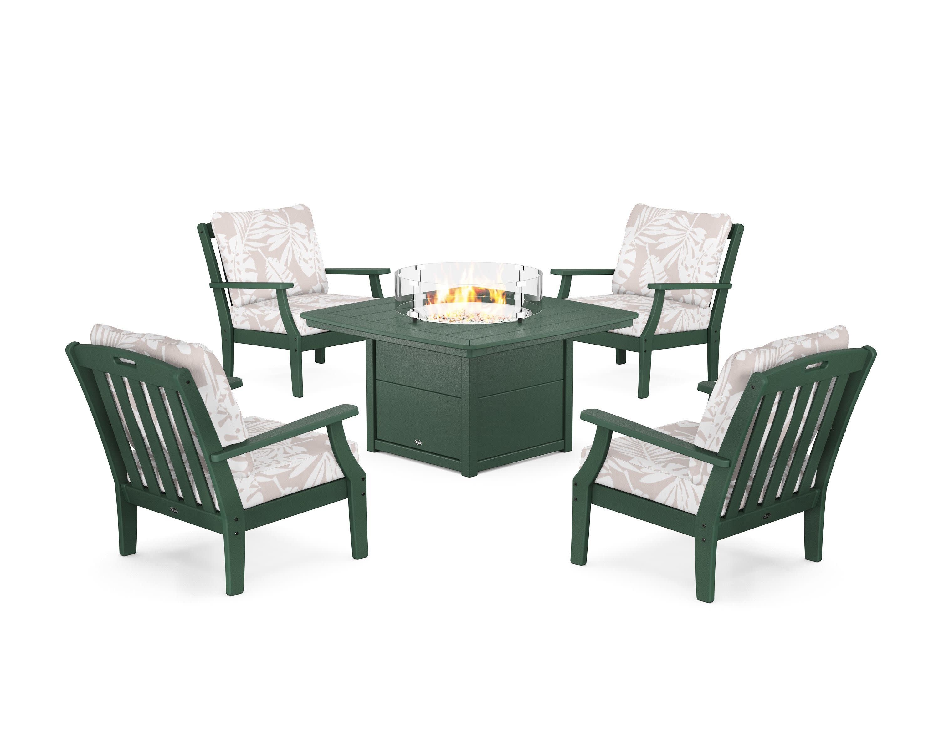 Yacht Club 5-Piece Deep Seating Set with Fire Pit Table in Rainforest Canopy / Leaf Dune Burlap