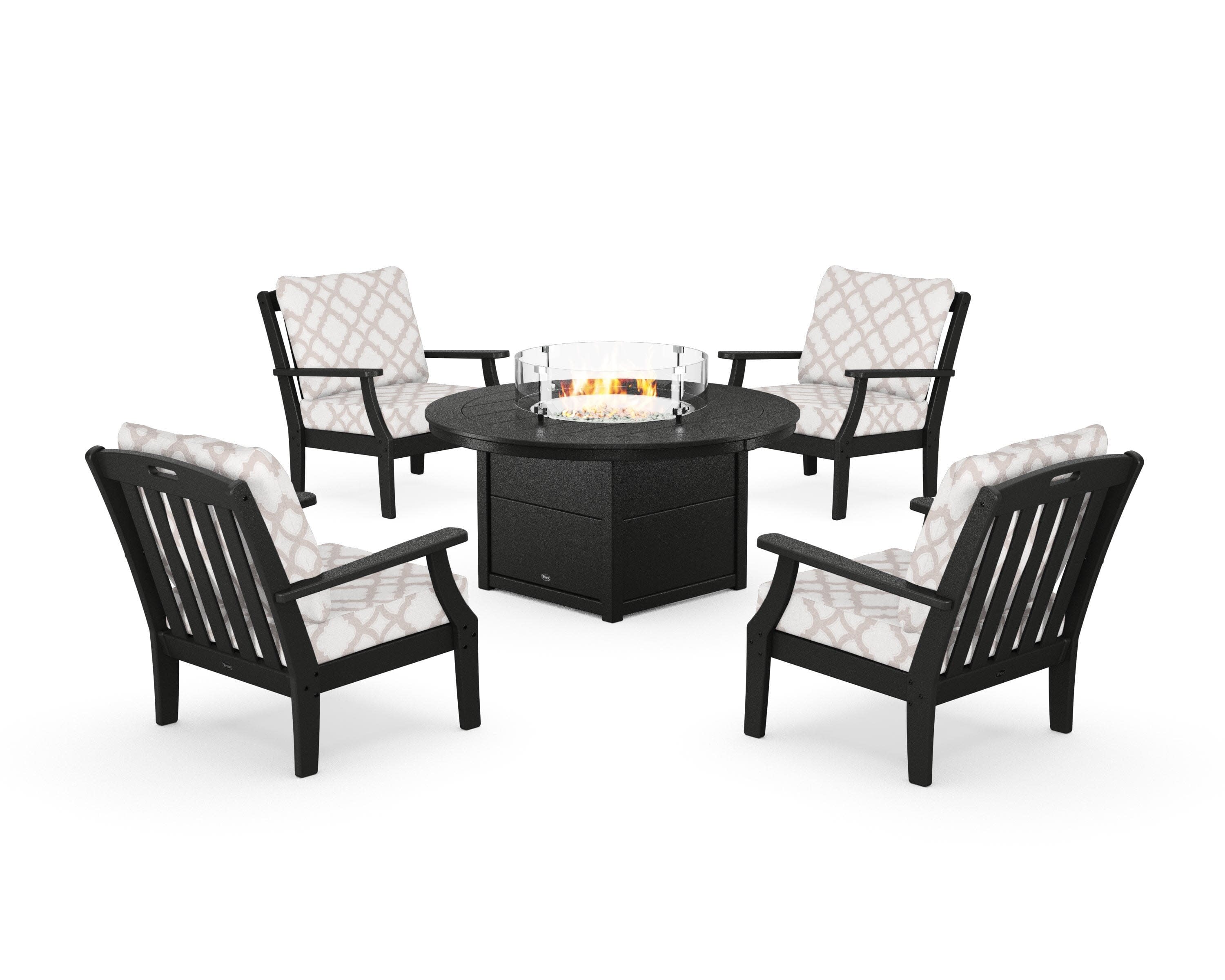 Yacht Club 5-Piece Deep Seating Set with Round Fire Pit Table in Charcoal Black / Trellis Dune Burlap