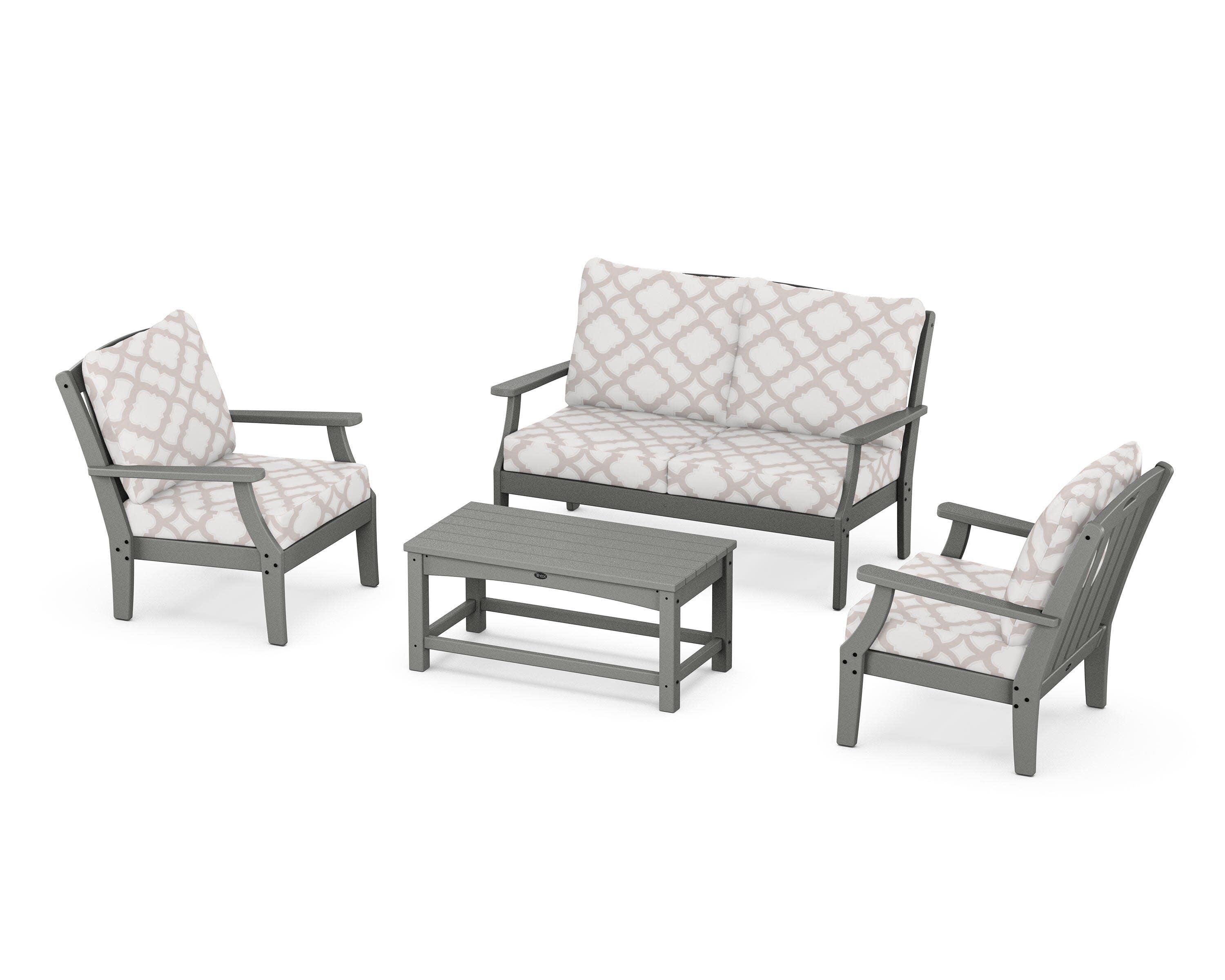 Yacht Club 4-Piece Deep Seating Chair Set in Stepping Stone / Trellis Dune Burlap