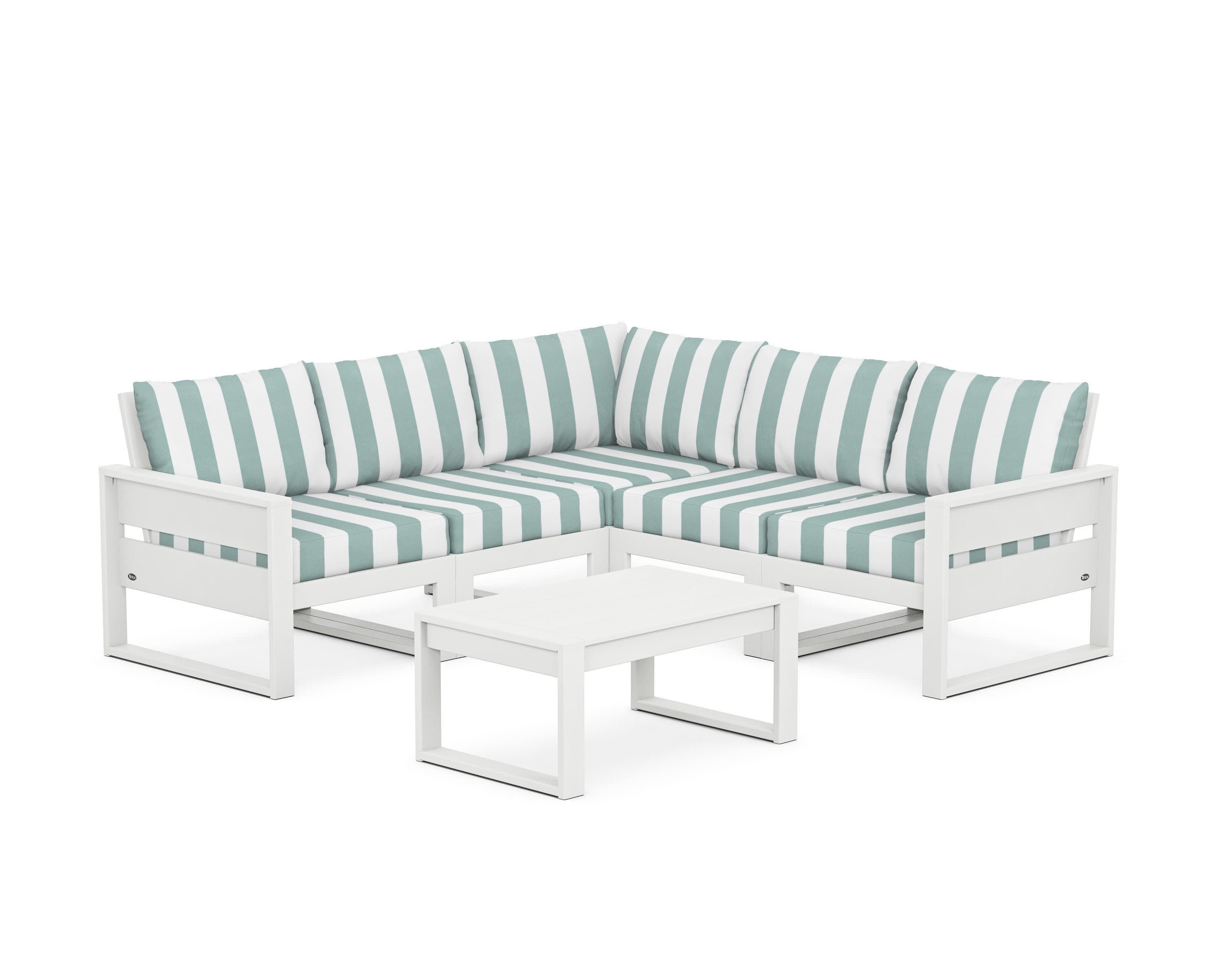 Eastport 6-Piece Deep Seating Sectional + Coffee Table Set in Classic White / Cabana Stripe Glacier Spa