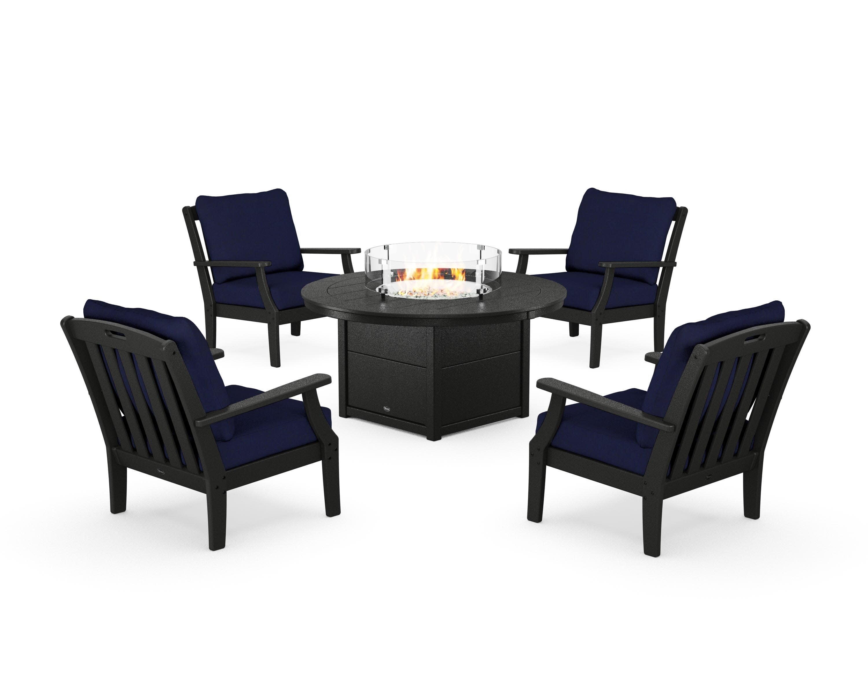 Yacht Club 5-Piece Deep Seating Set with Round Fire Pit Table in Charcoal Black / Navy
