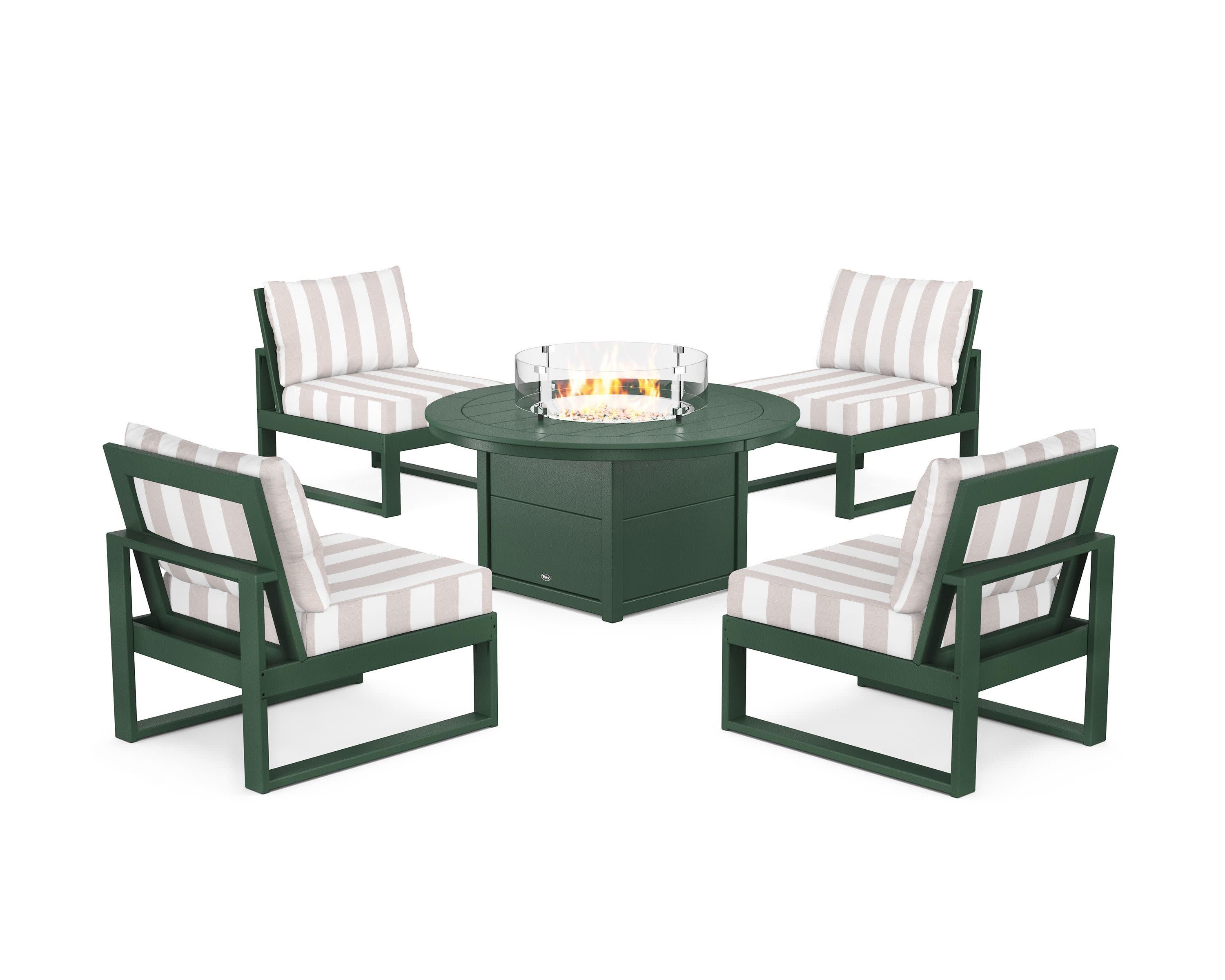 Eastport Modular 5-Piece Deep Seating Set with Round Fire Pit Table in Rainforest Canopy / Cabana Stripe Dune Burlap