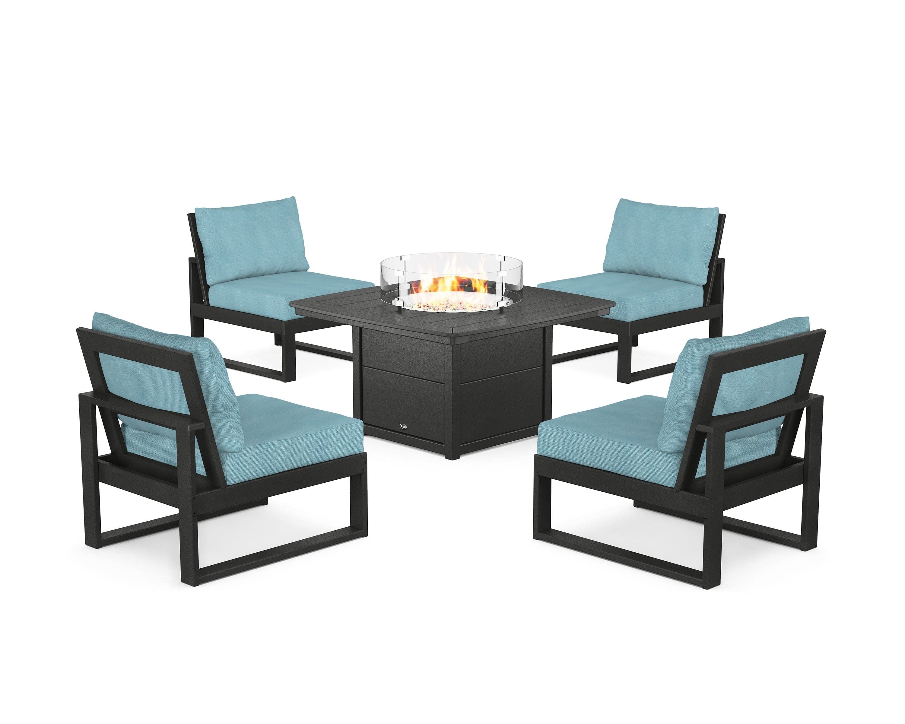 Eastport Modular 5-Piece Deep Seating Set with Yacht Club Fire Pit Table in Charcoal Black / Lattice Sky Blue