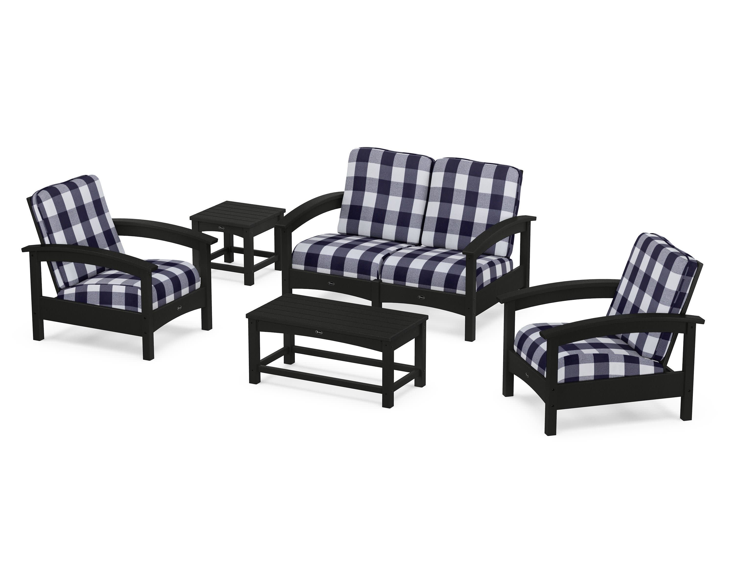Rockport Club 6-Piece Deep Seating Conversation Set in Charcoal Black / Buffalo Plaid Navy