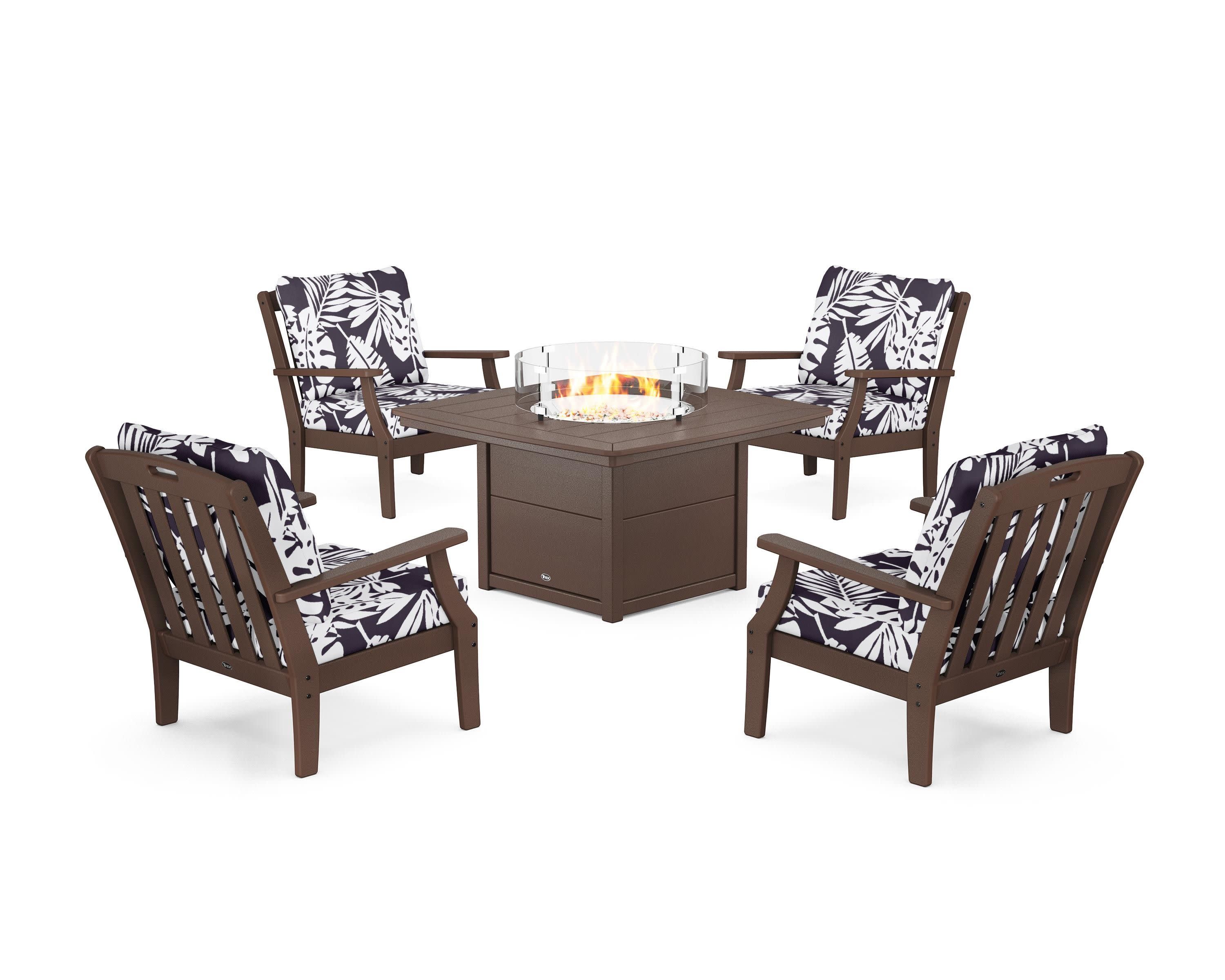 Yacht Club 5-Piece Deep Seating Set with Fire Pit Table in Vintage Lantern / Leaf Navy
