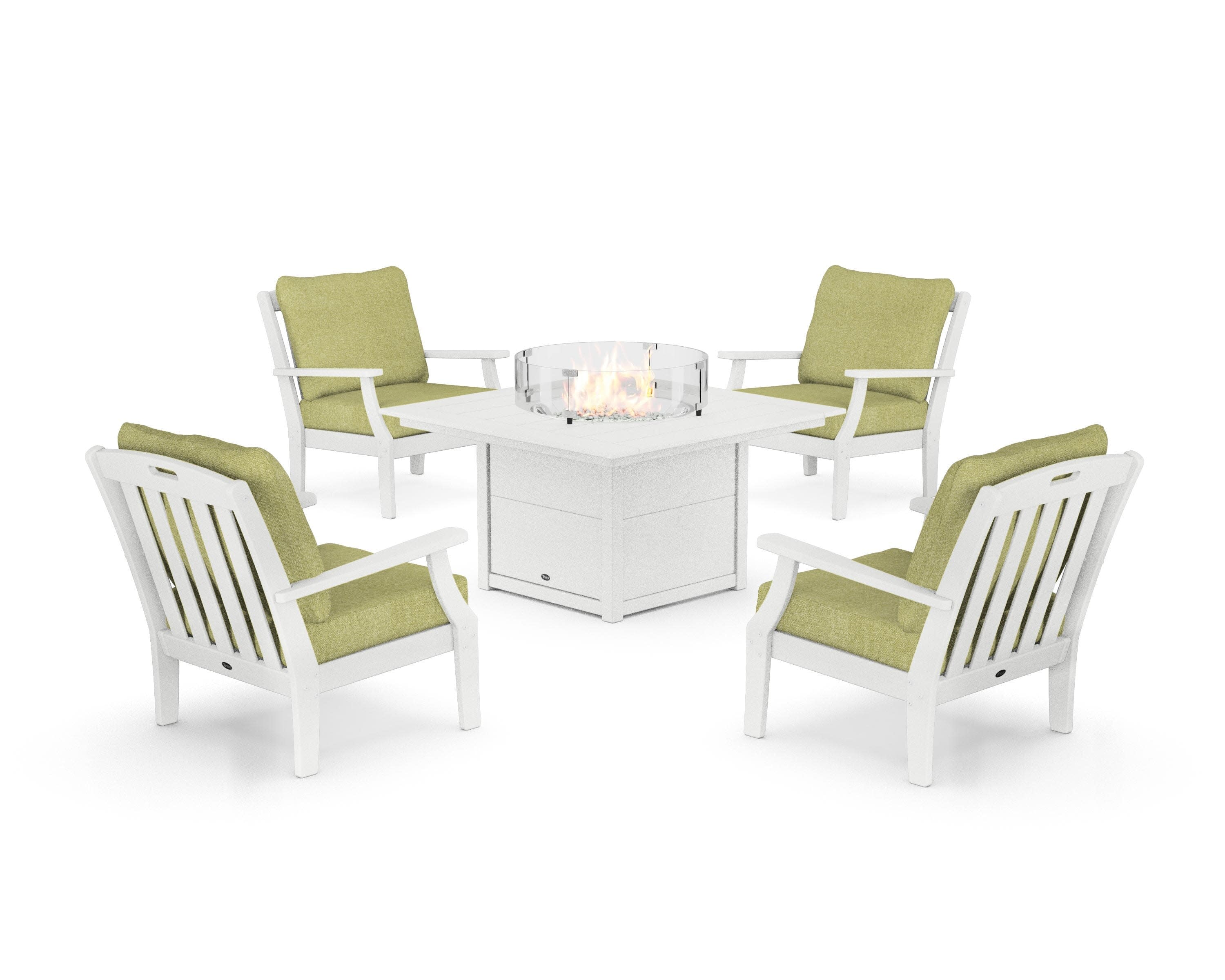 Yacht Club 5-Piece Deep Seating Set with Square Fire Pit Table in Classic White / Chartreuse Boucle