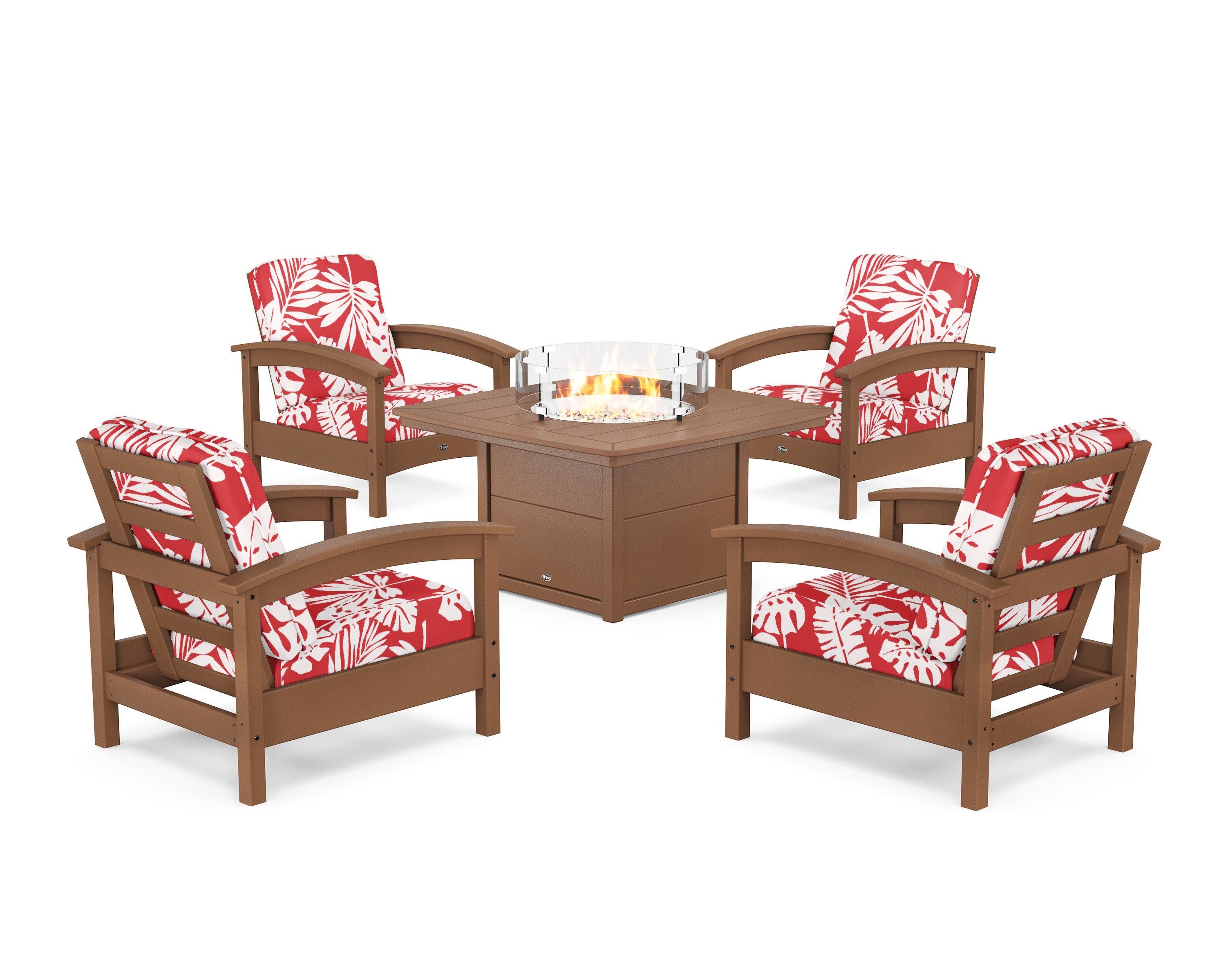 Rockport 5-Piece Deep Seating Set with Yacht Club Fire Pit Table in Tree House / Leaf Crimson