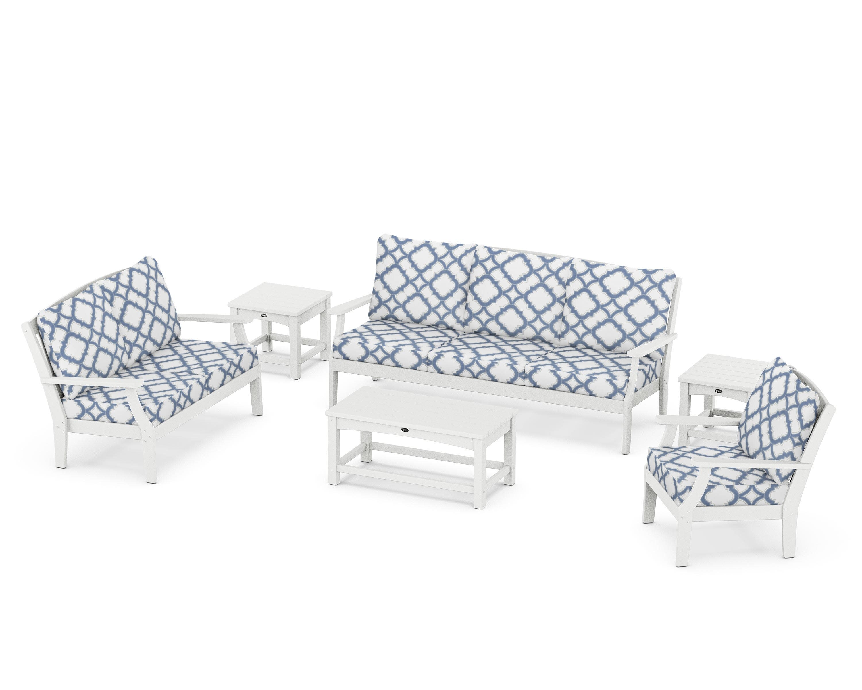 Yacht Club 6-Piece Deep Seating Set in Classic White / Trellis Sky Blue