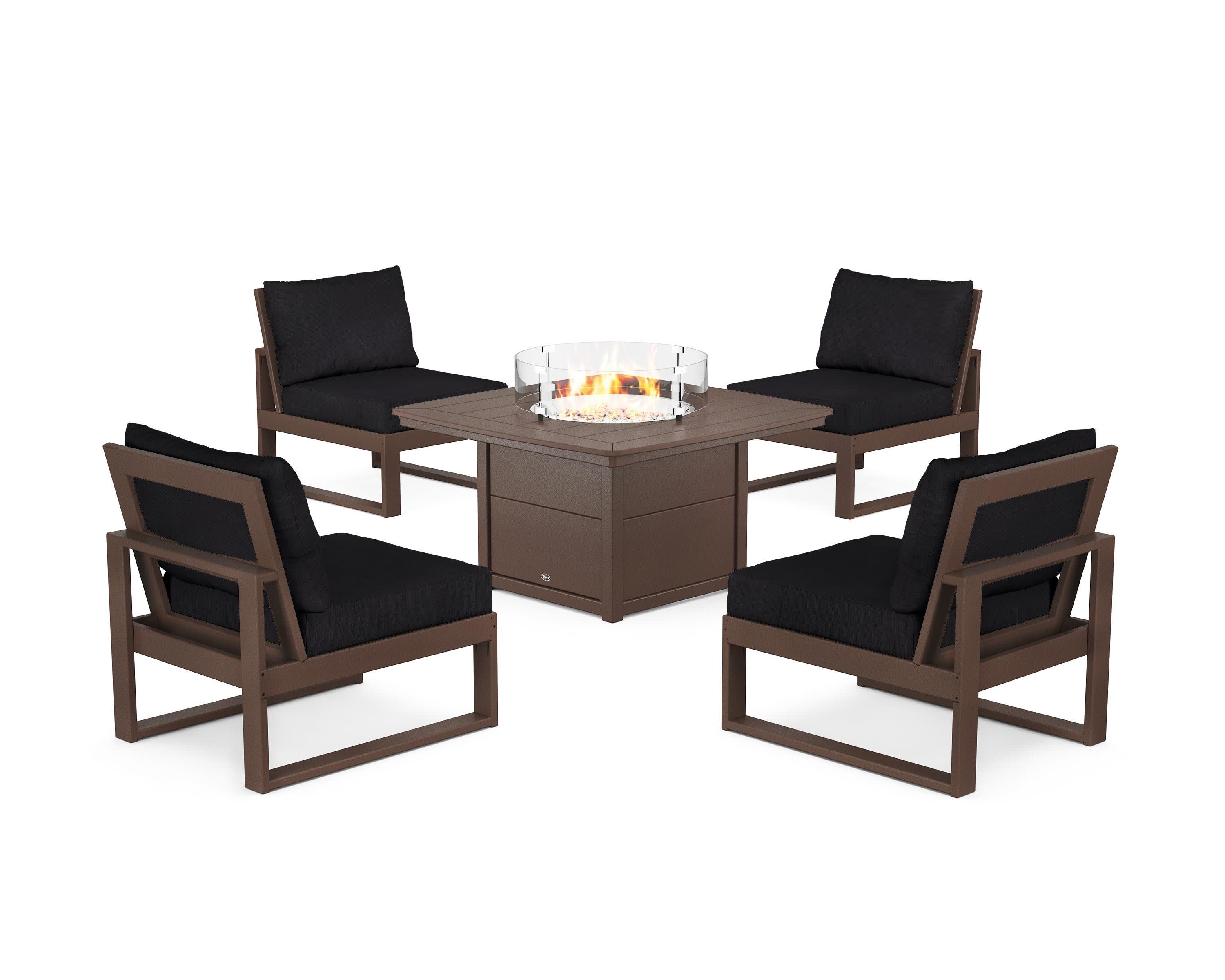 Eastport Modular 5-Piece Deep Seating Set with Yacht Club Fire Pit Table in Vintage Lantern / Midnight Linen