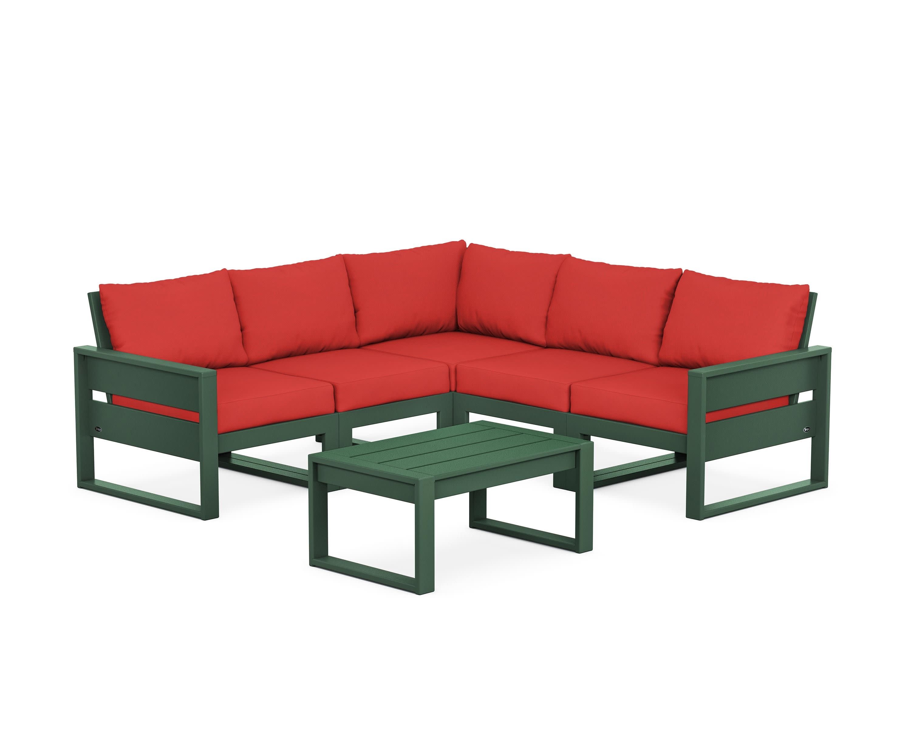 Eastport 6-Piece Deep Seating Sectional + Coffee Table Set in Rainforest Canopy / Crimson Linen