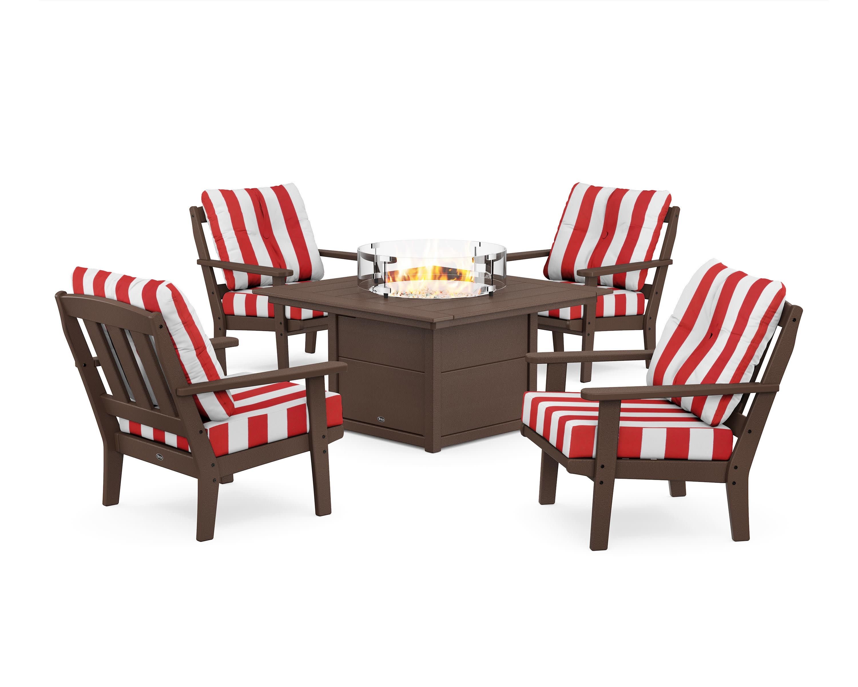 Cape Cod 5-Piece Deep Seating Set with Fire Pit Table in Vintage Lantern / Cabana Stripe Crimson