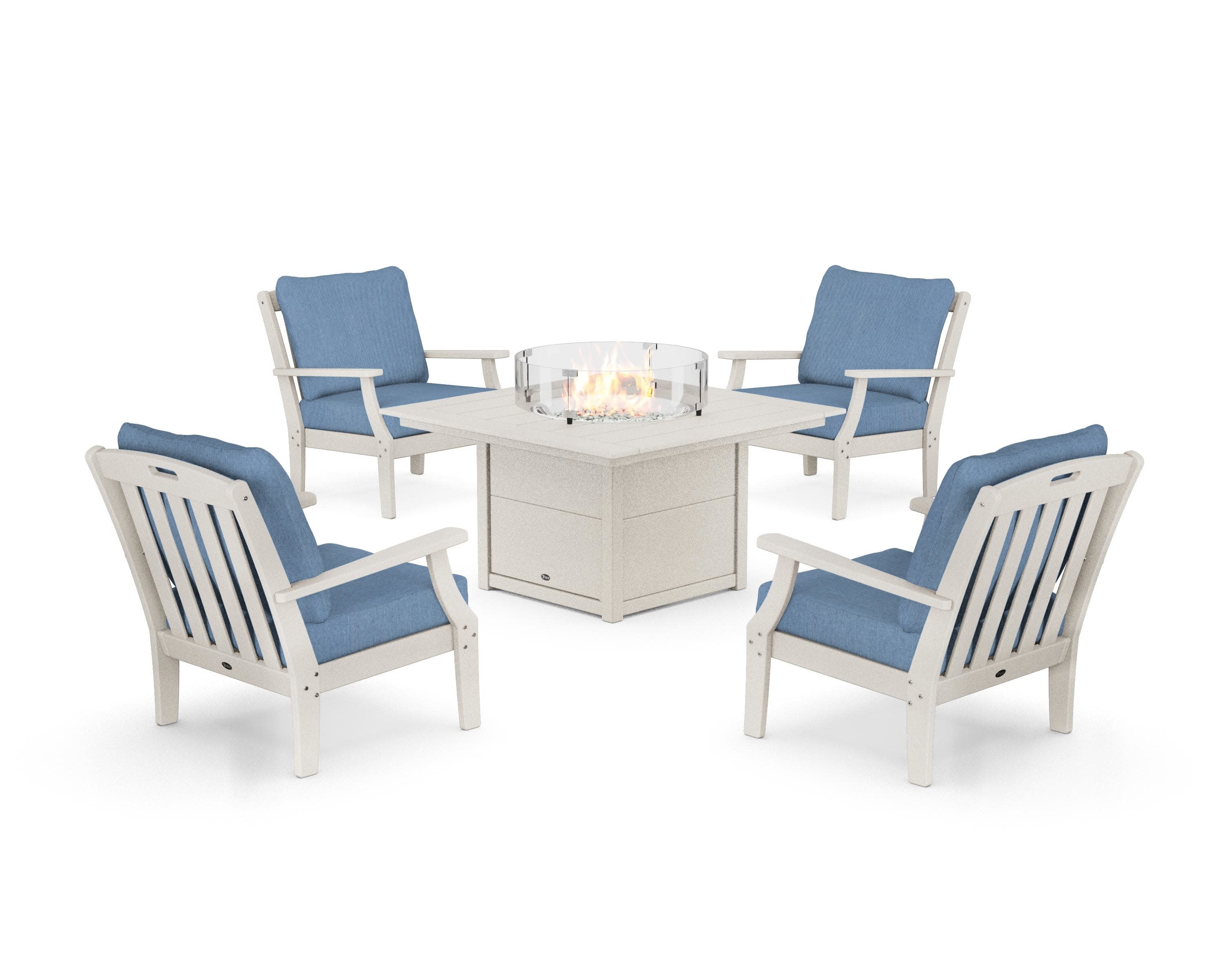 Yacht Club 5-Piece Deep Seating Set with Square Fire Pit Table in Sand Castle / Sky Blue
