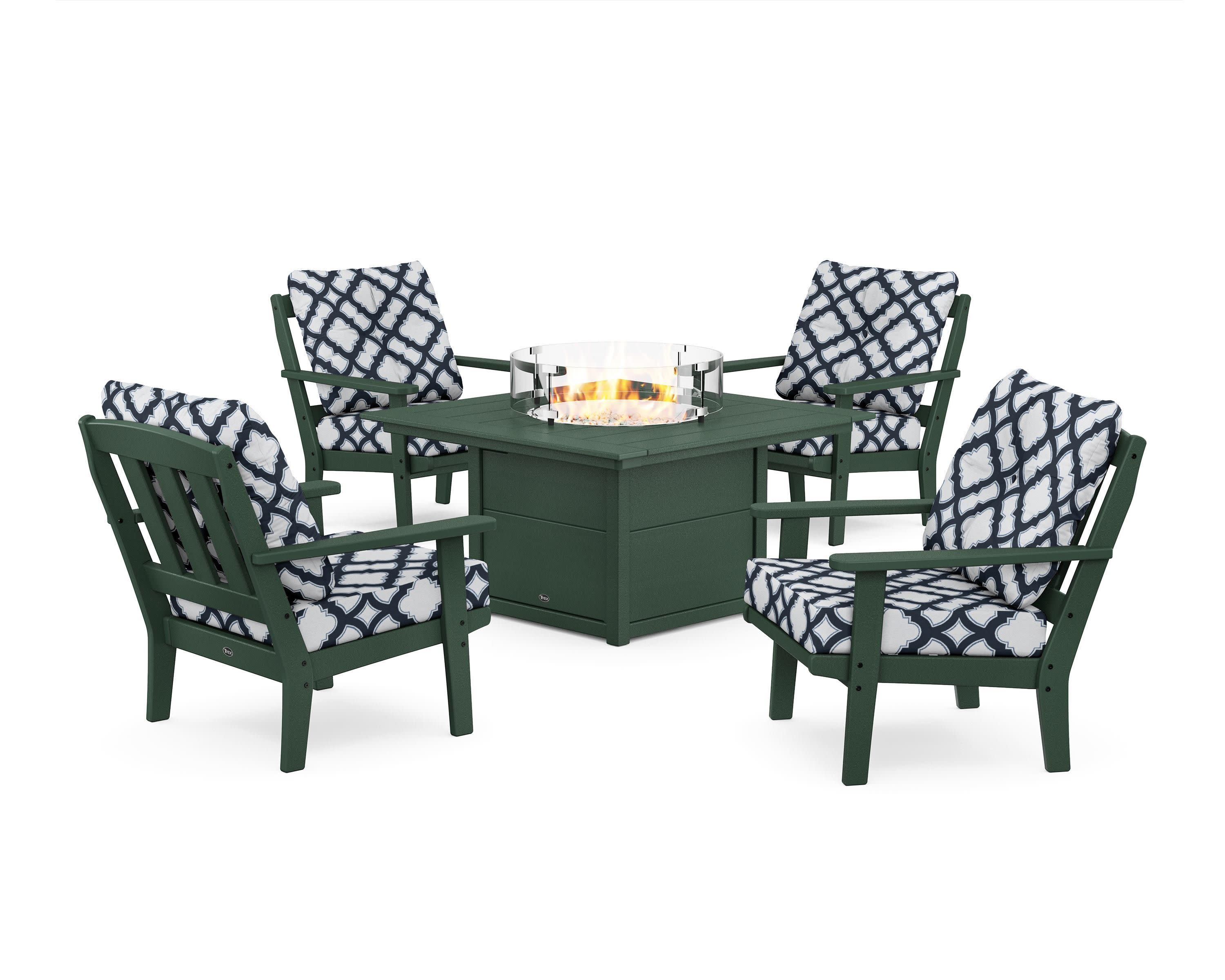 Cape Cod 5-Piece Deep Seating Set with Fire Pit Table in Rainforest Canopy / Trellis Marine Indigo
