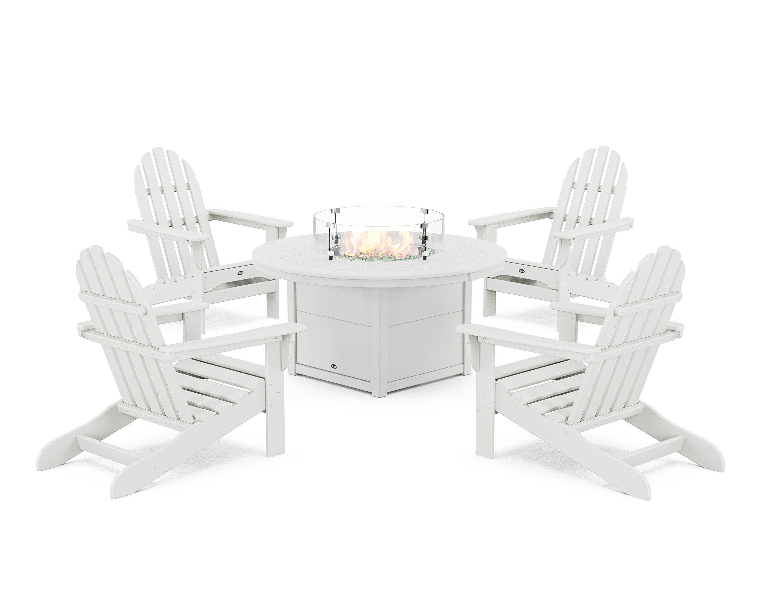 Cape Cod Adirondack 5-Piece Set with Round Fire Pit Table in Classic White