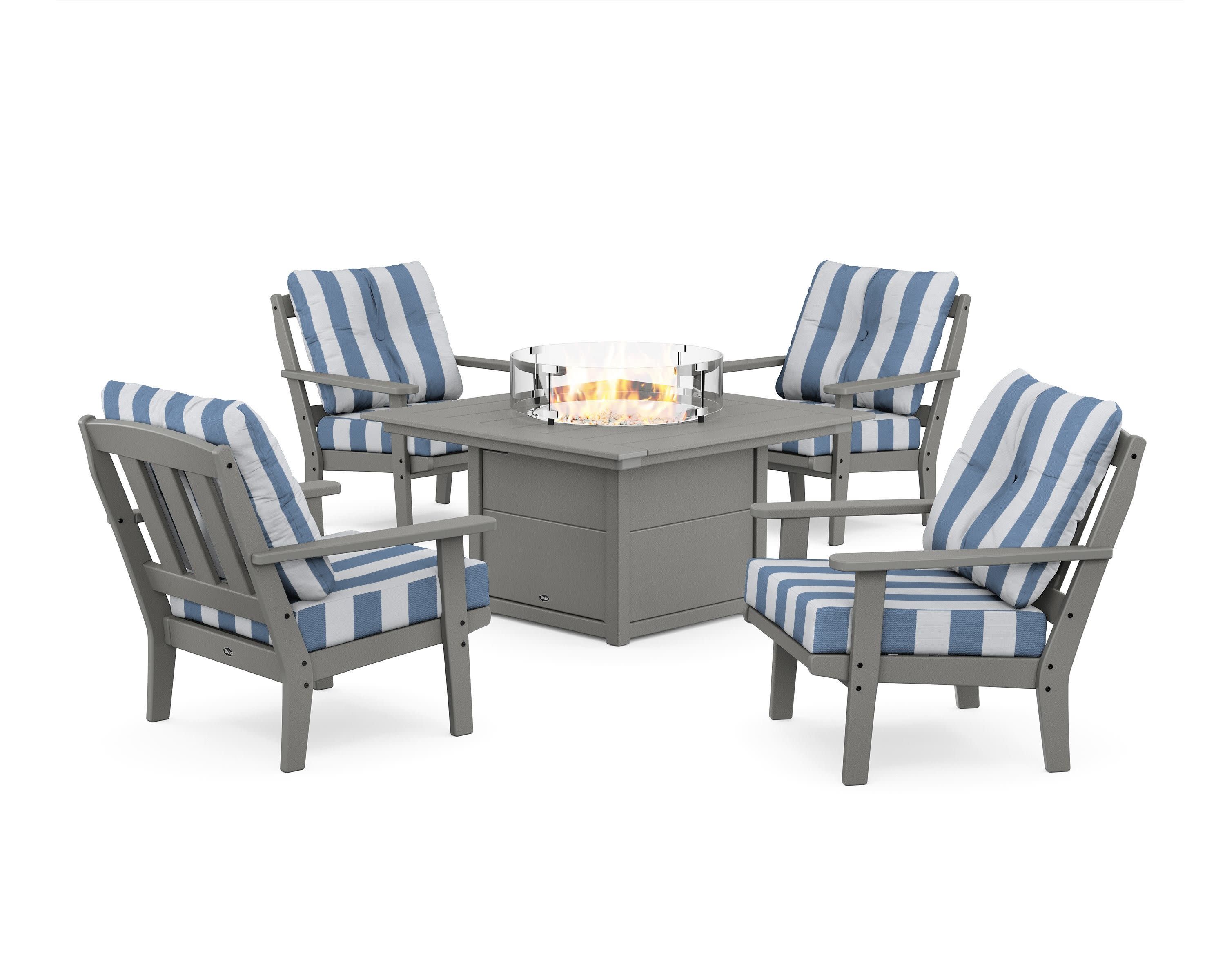 Cape Cod 5-Piece Deep Seating Set with Fire Pit Table in Stepping Stone / Cabana Stripe Sky Blue