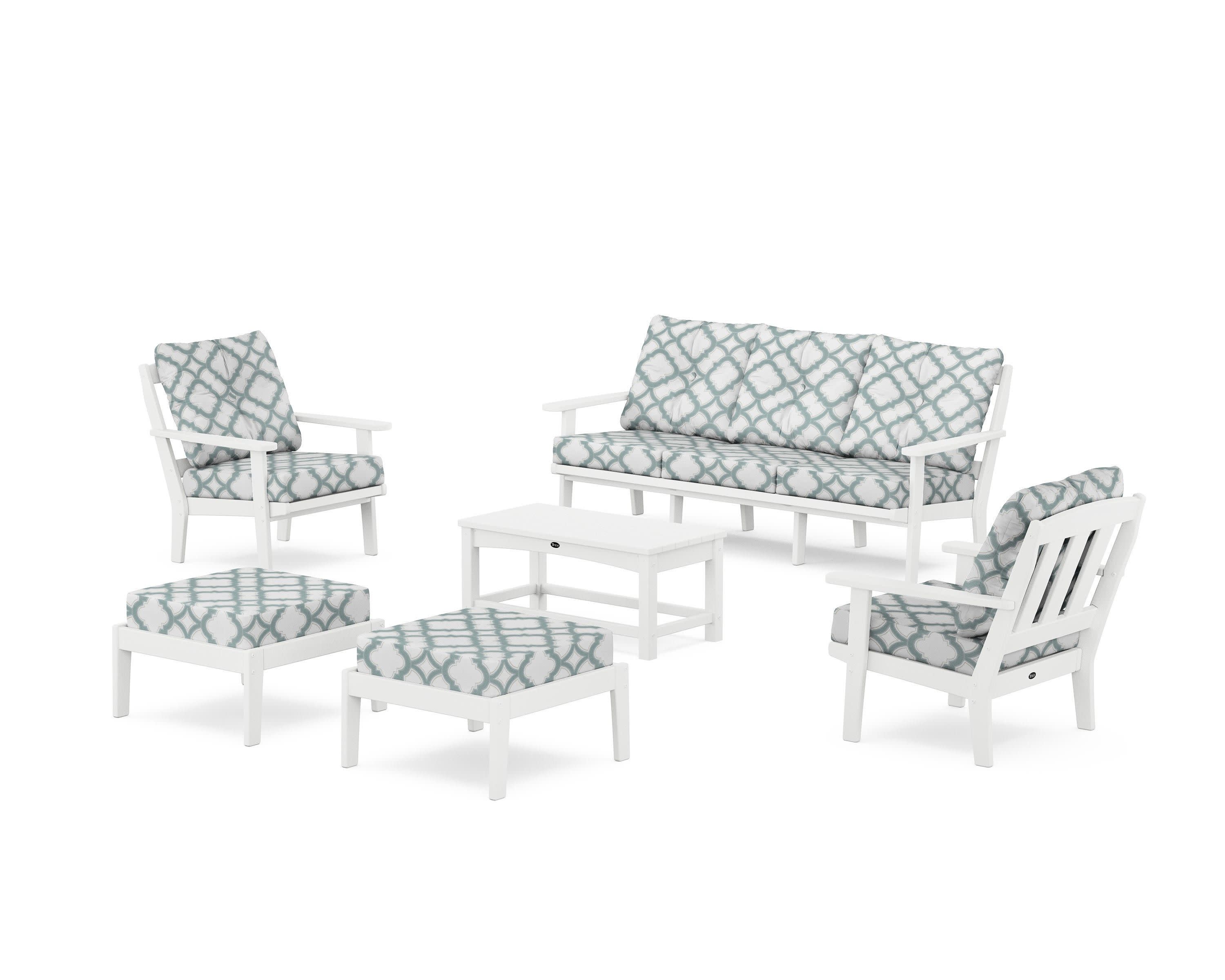 Cape Cod 6-Piece Lounge Sofa Set in Classic White / Trellis Glacier Spa