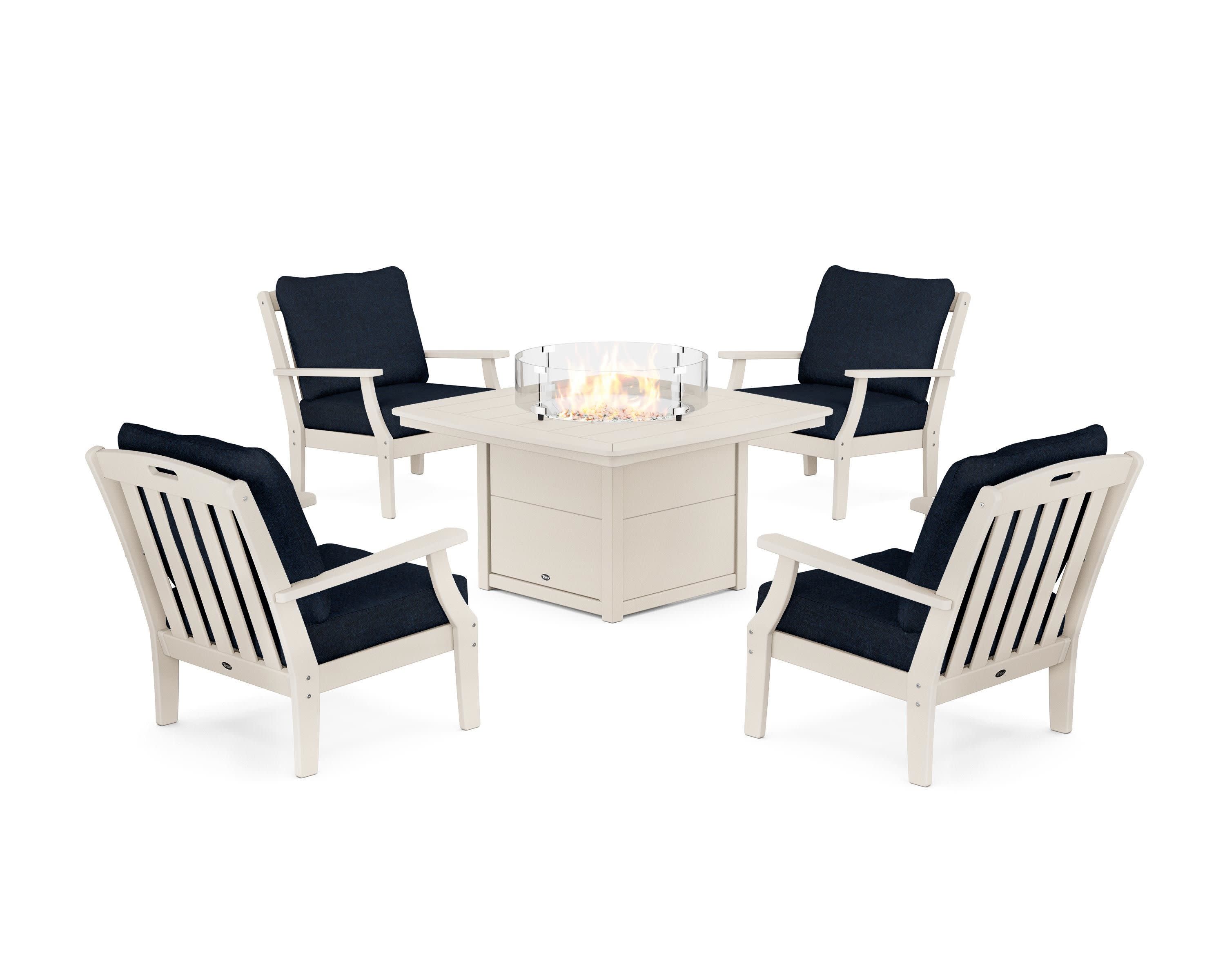 Yacht Club 5-Piece Deep Seating Set with Fire Pit Table in Sand Castle / Marine Indigo