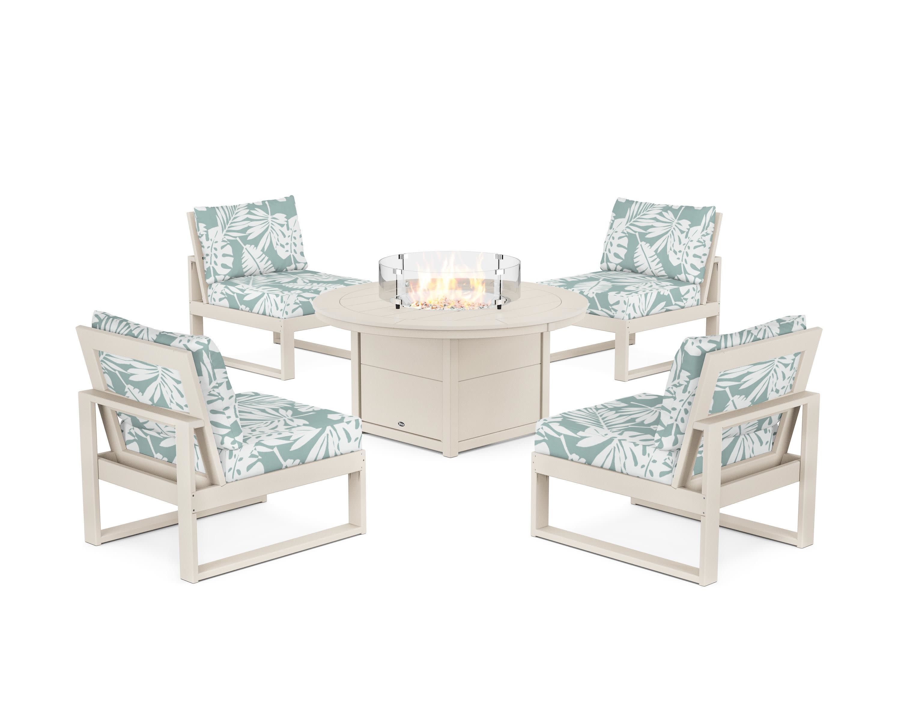 Eastport Modular 5-Piece Deep Seating Set with Round Fire Pit Table in Sand Castle / Leaf Glacier Spa