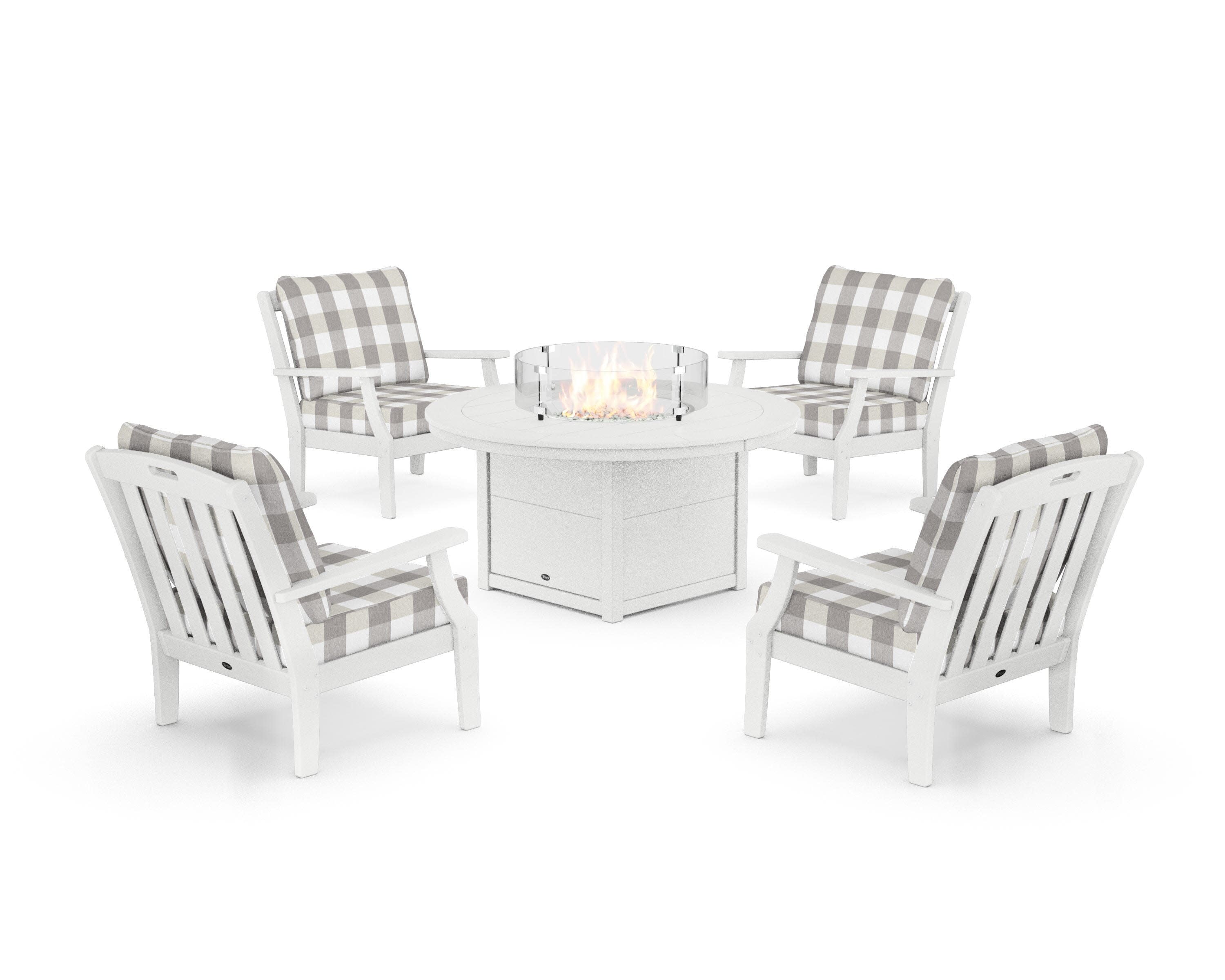 Yacht Club 5-Piece Deep Seating Set with Round Fire Pit Table in Classic White / Buffalo Plaid Grey Mist