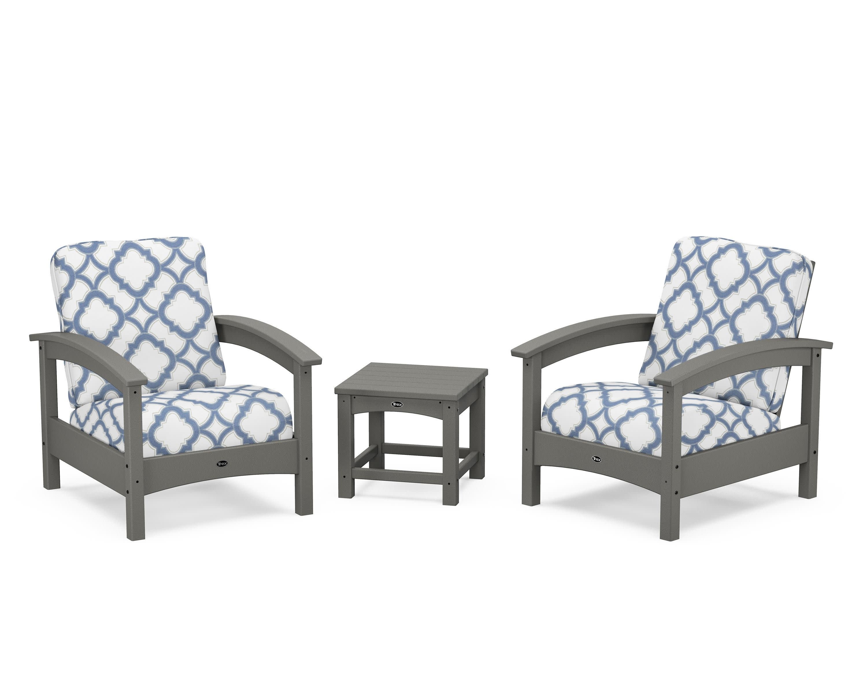 Rockport Club 3-Piece Deep Seating Conversation Set in Stepping Stone / Trellis Sky Blue