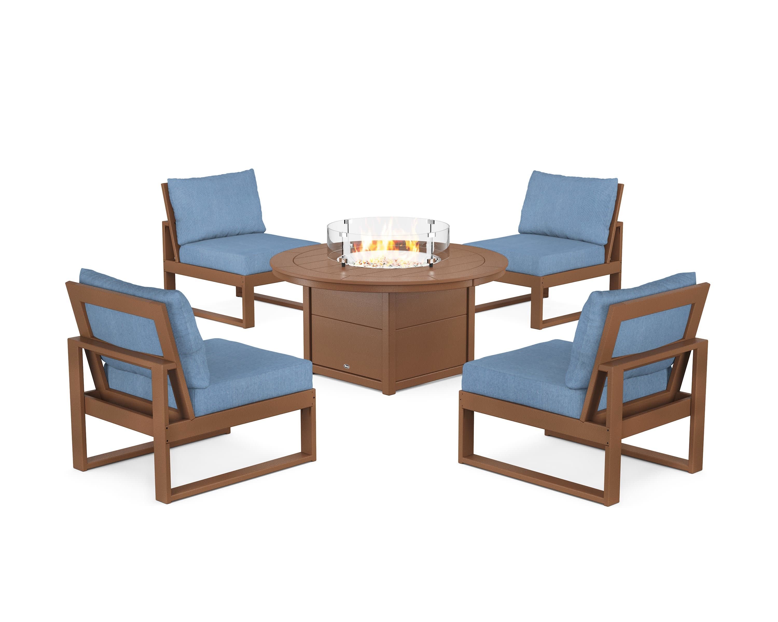Eastport Modular 5-Piece Deep Seating Set with Round Fire Pit Table in Tree House / Sky Blue