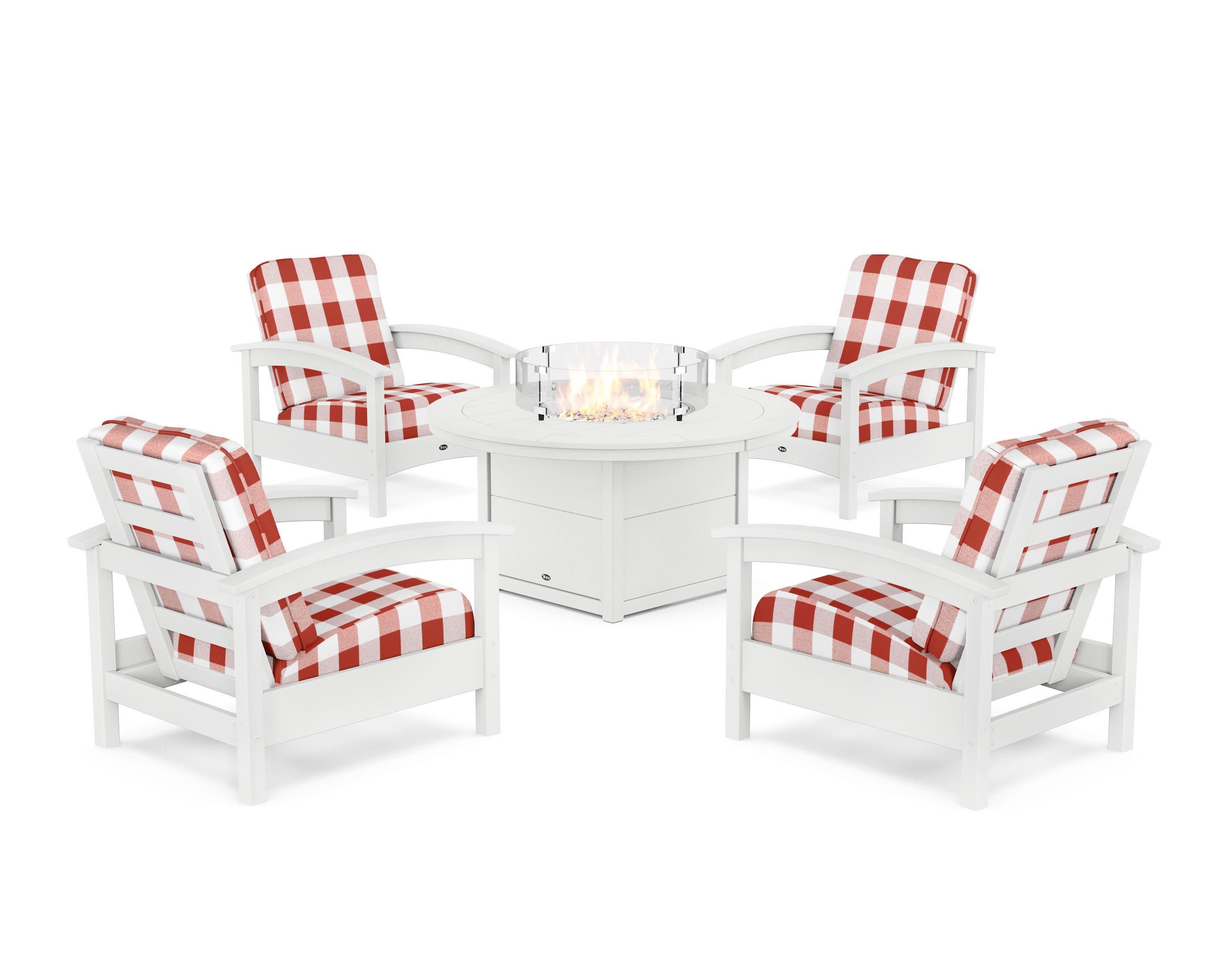 Rockport 5-Piece Deep Seating Set with Round Fire Pit Table in Classic White / Buffalo Plaid Crimson