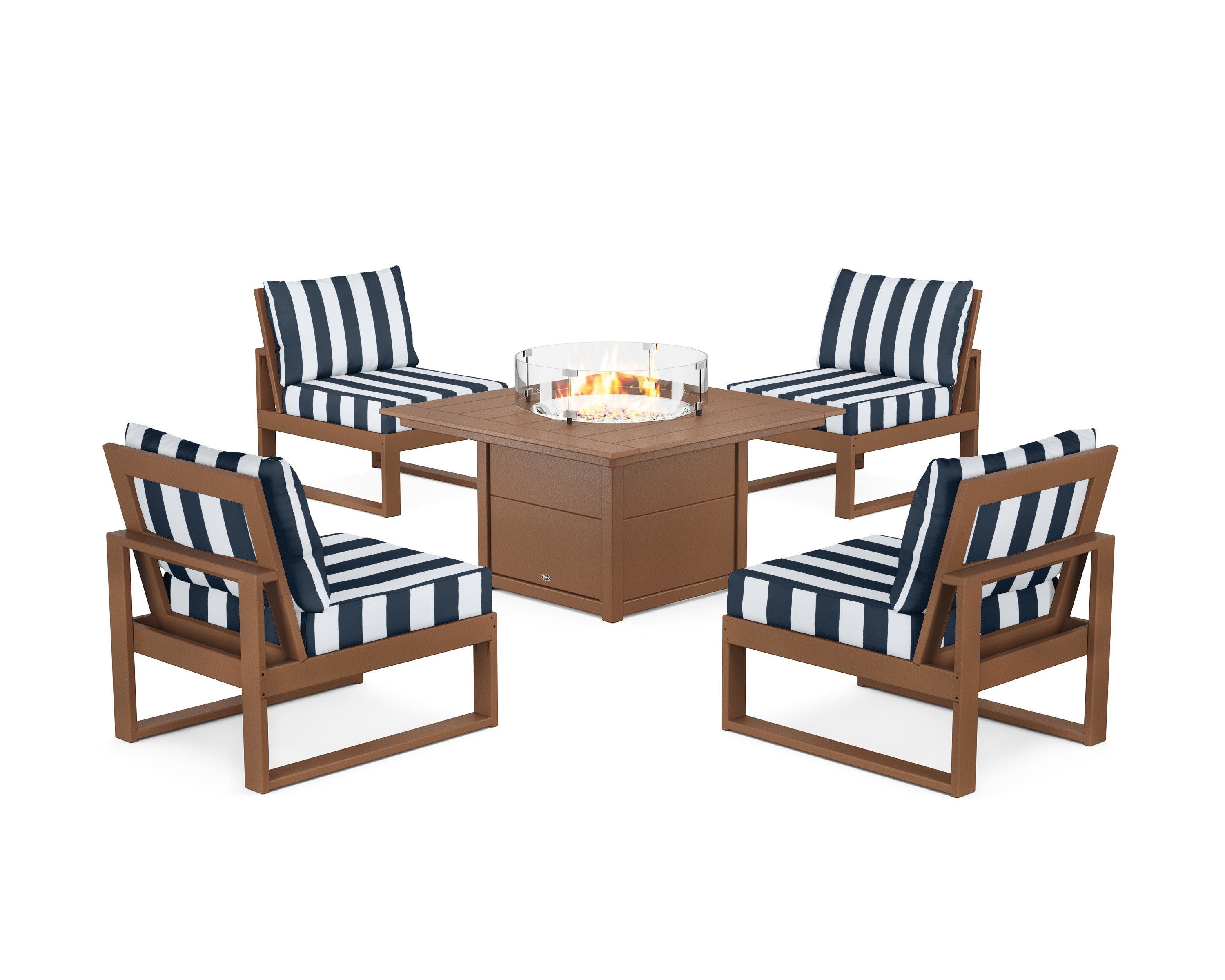 Eastport Modular 5-Piece Deep Seating Set with Square Fire Pit Table in Tree House / Cabana Stripe Marine Indigo