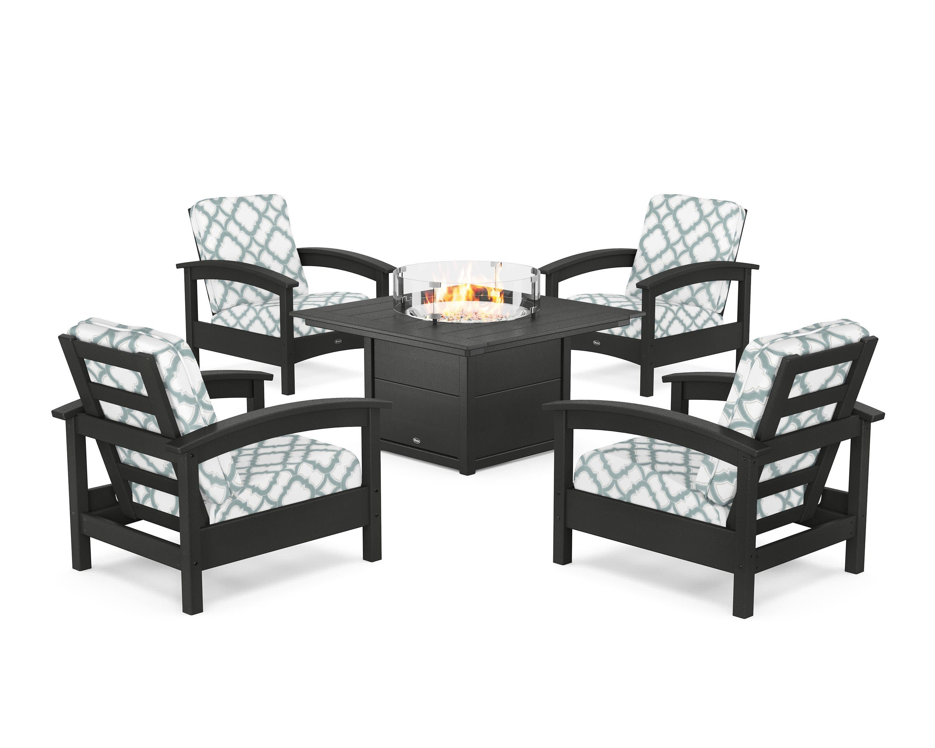 Rockport 5-Piece Deep Seating Set with Square Fire Pit Table in Charcoal Black / Trellis Glacier Spa