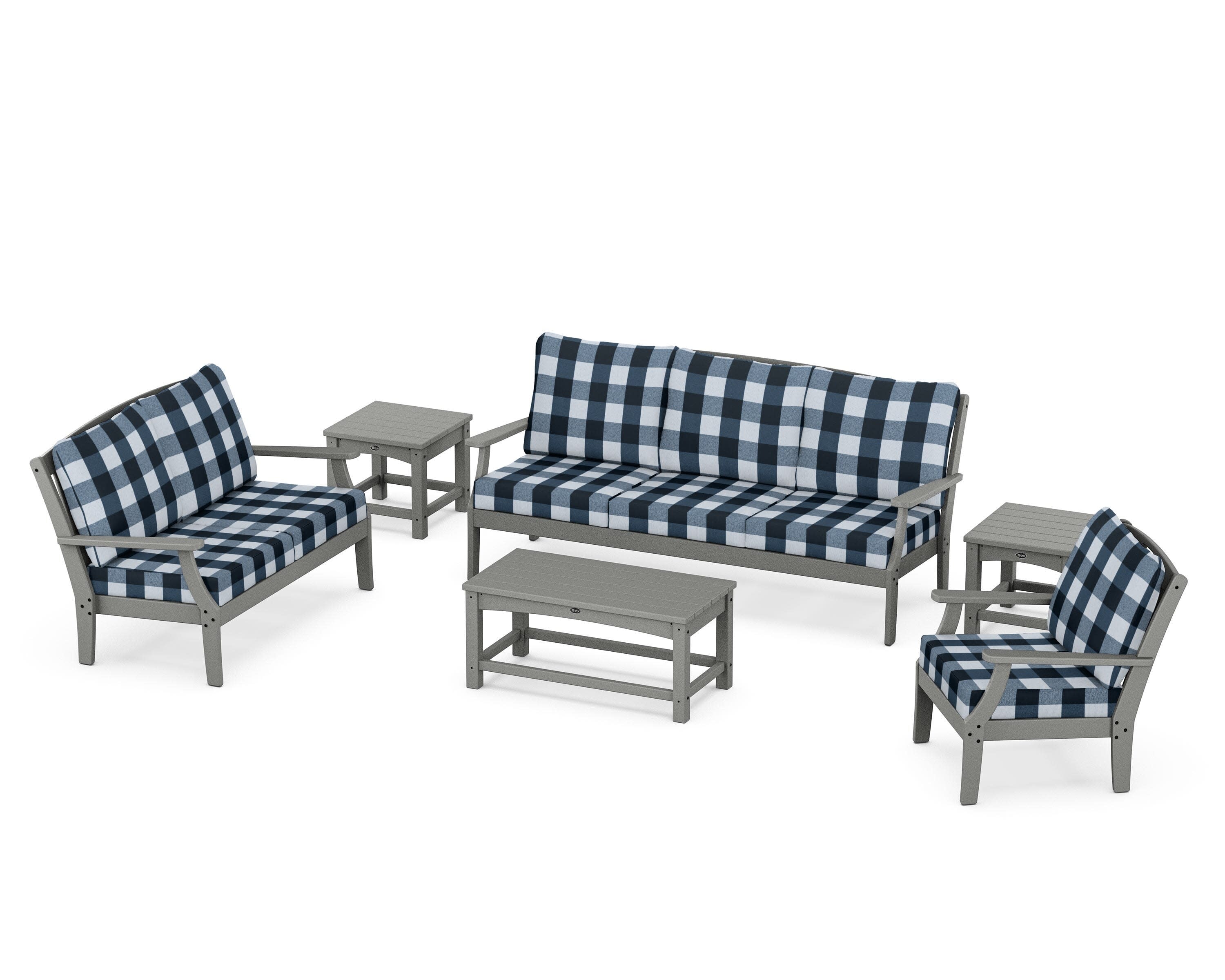 Yacht Club 6-Piece Deep Seating Set in Stepping Stone / Buffalo Plaid Marine Indigo