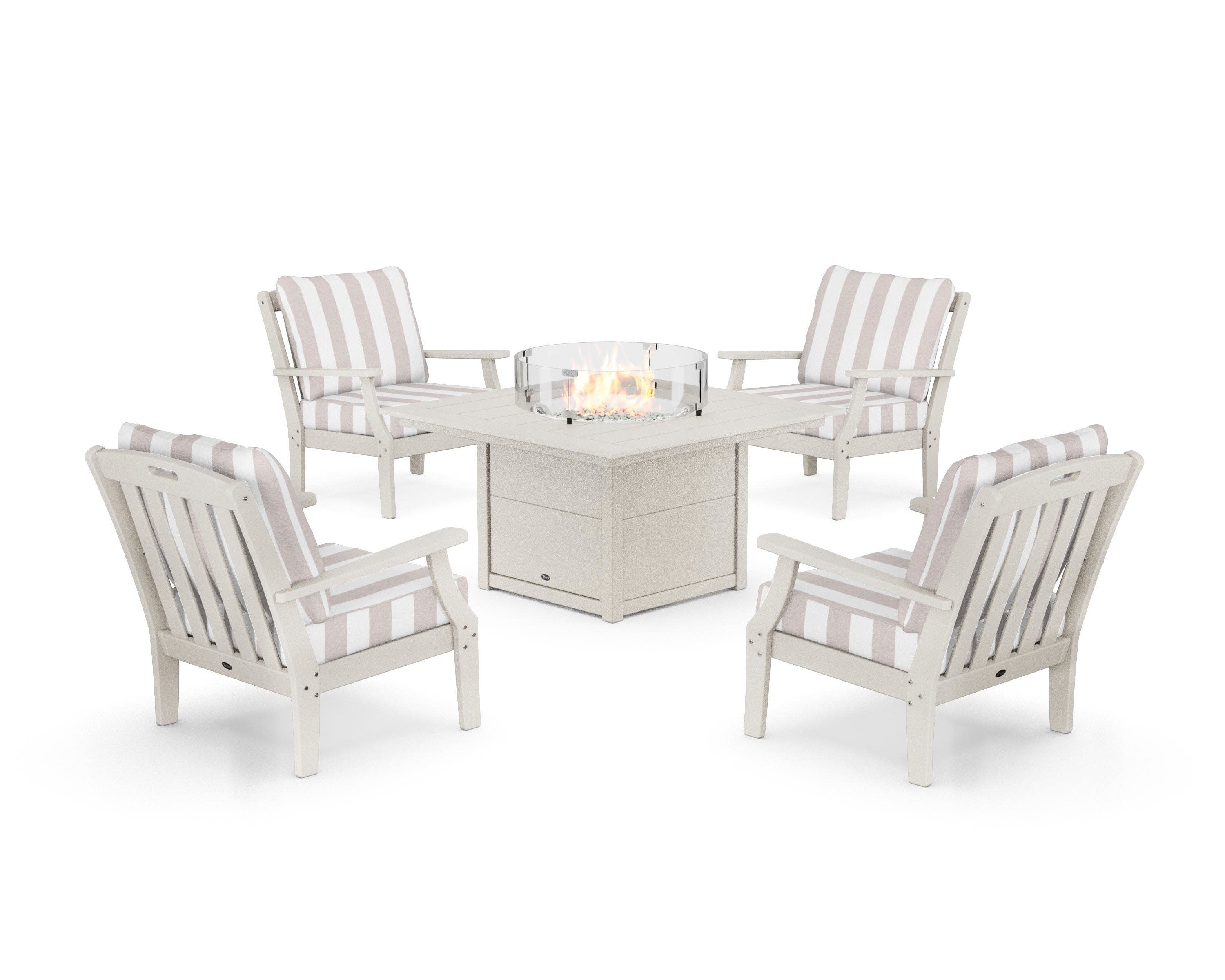 Yacht Club 5-Piece Deep Seating Set with Square Fire Pit Table in Sand Castle / Cabana Stripe Dune Burlap