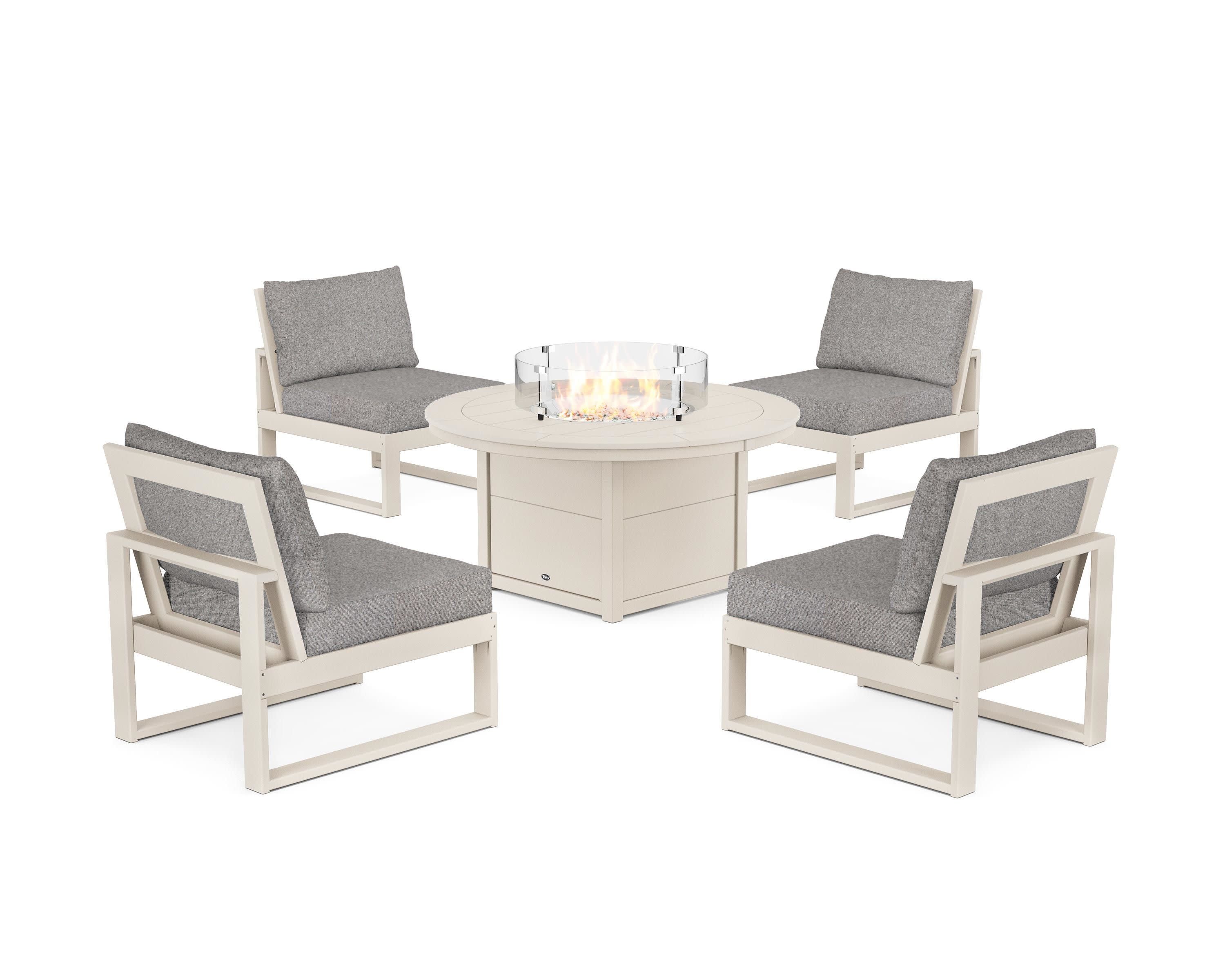 Eastport Modular 5-Piece Deep Seating Set with Round Fire Pit Table in Sand Castle / Grey Mist