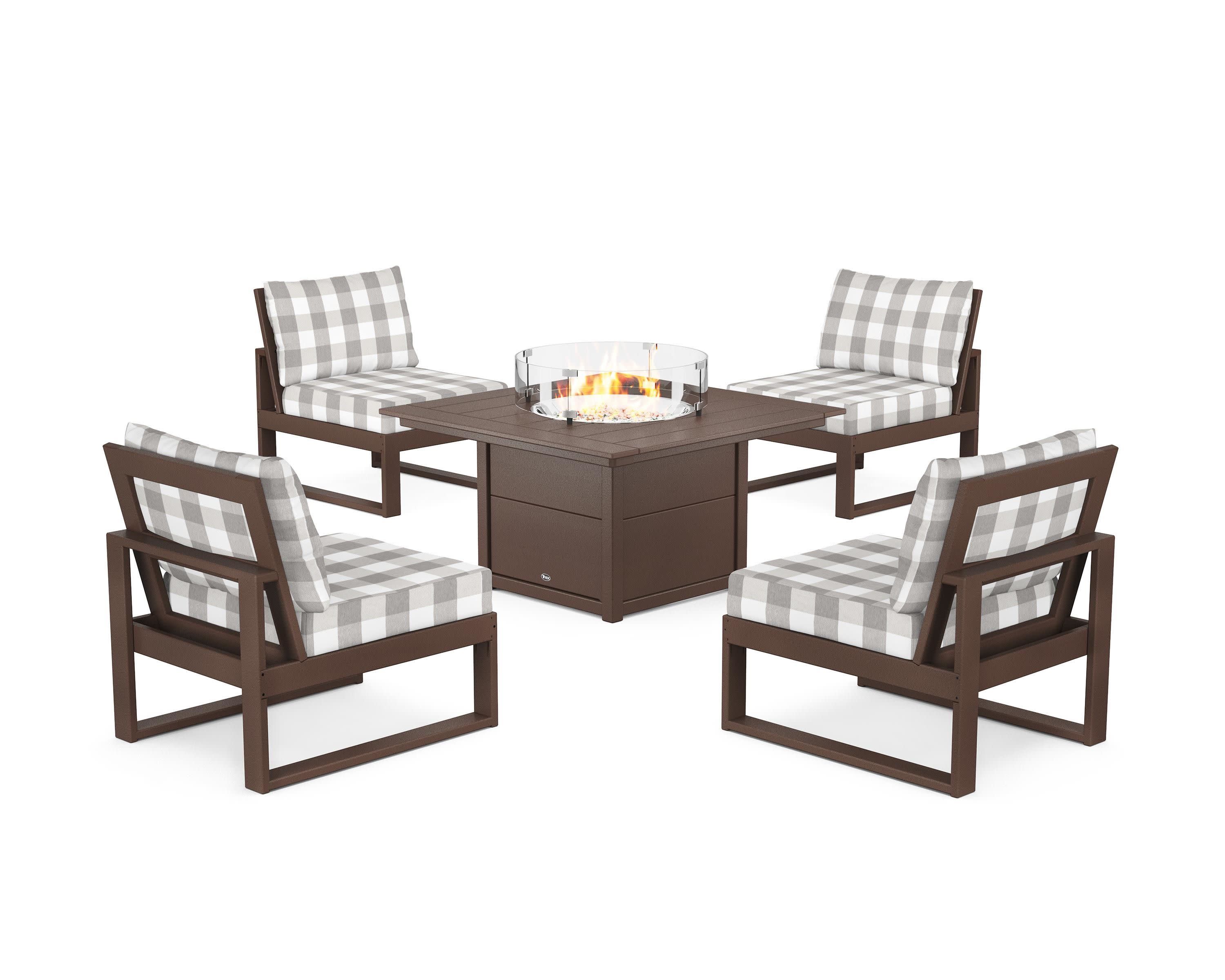 Eastport Modular 5-Piece Deep Seating Set with Square Fire Pit Table in Vintage Lantern / Buffalo Plaid Grey Mist