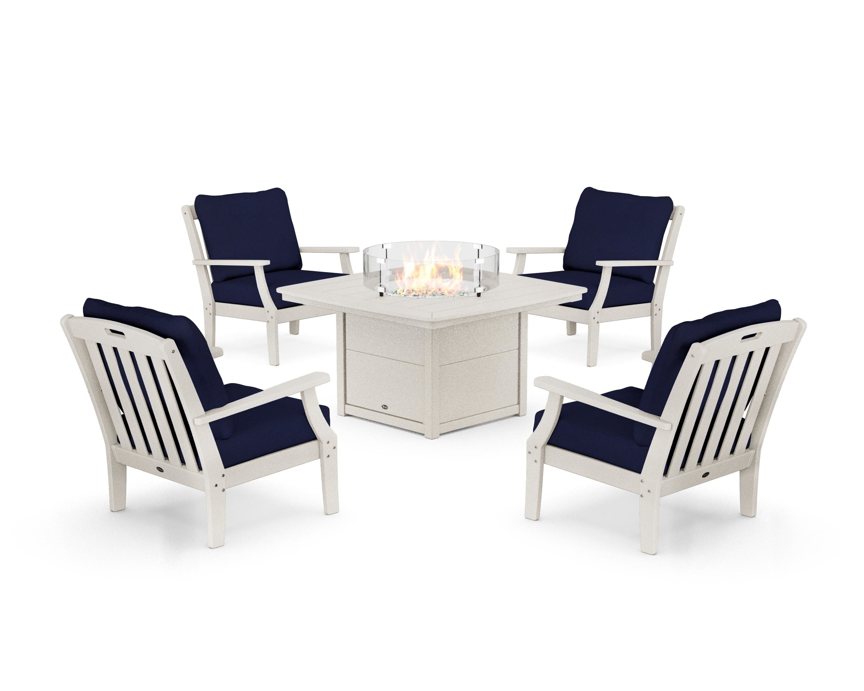 Yacht Club 5-Piece Deep Seating Set with Fire Pit Table in Sand Castle / Navy