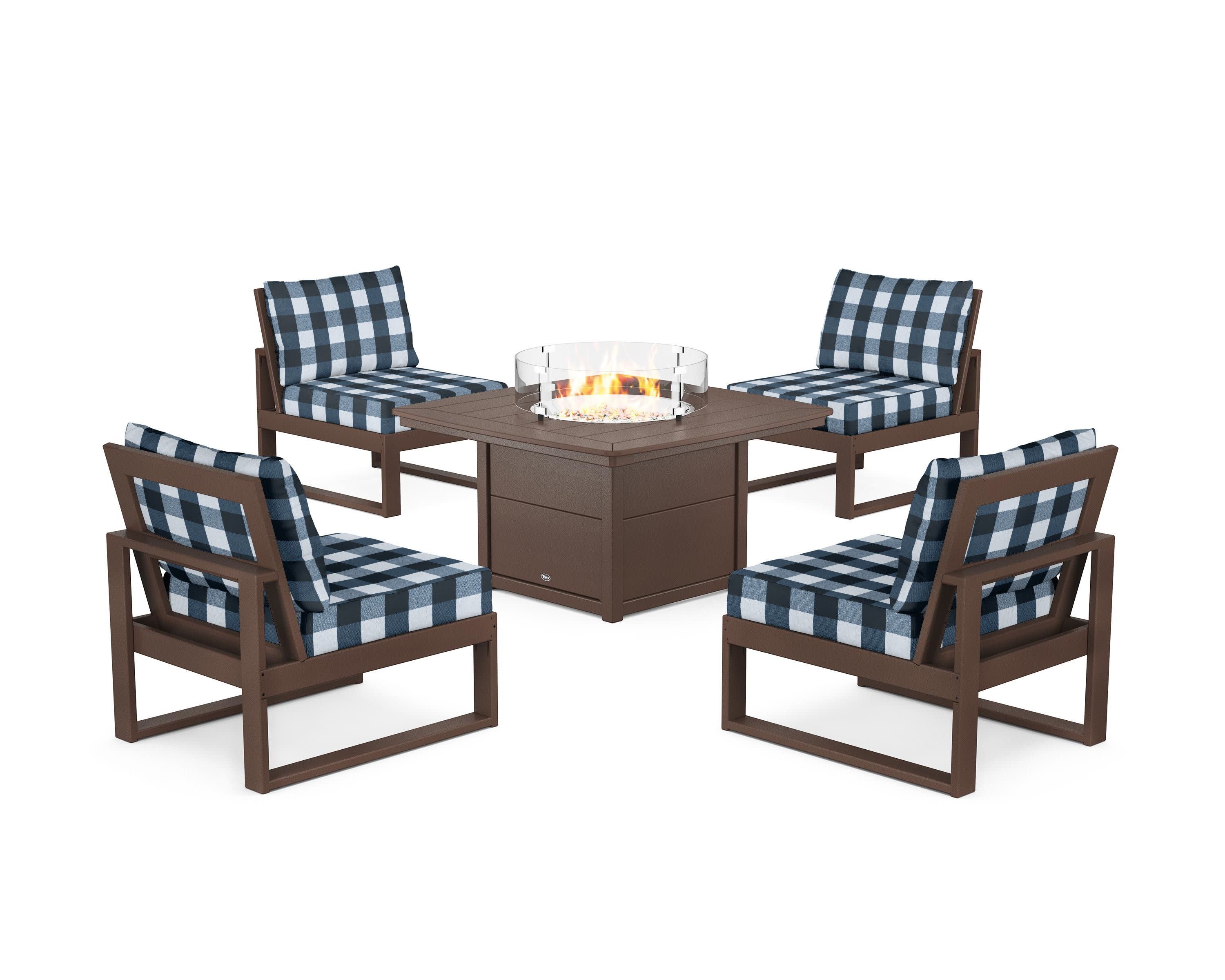 Eastport Modular 5-Piece Deep Seating Set with Yacht Club Fire Pit Table in Vintage Lantern / Buffalo Plaid Marine Indigo