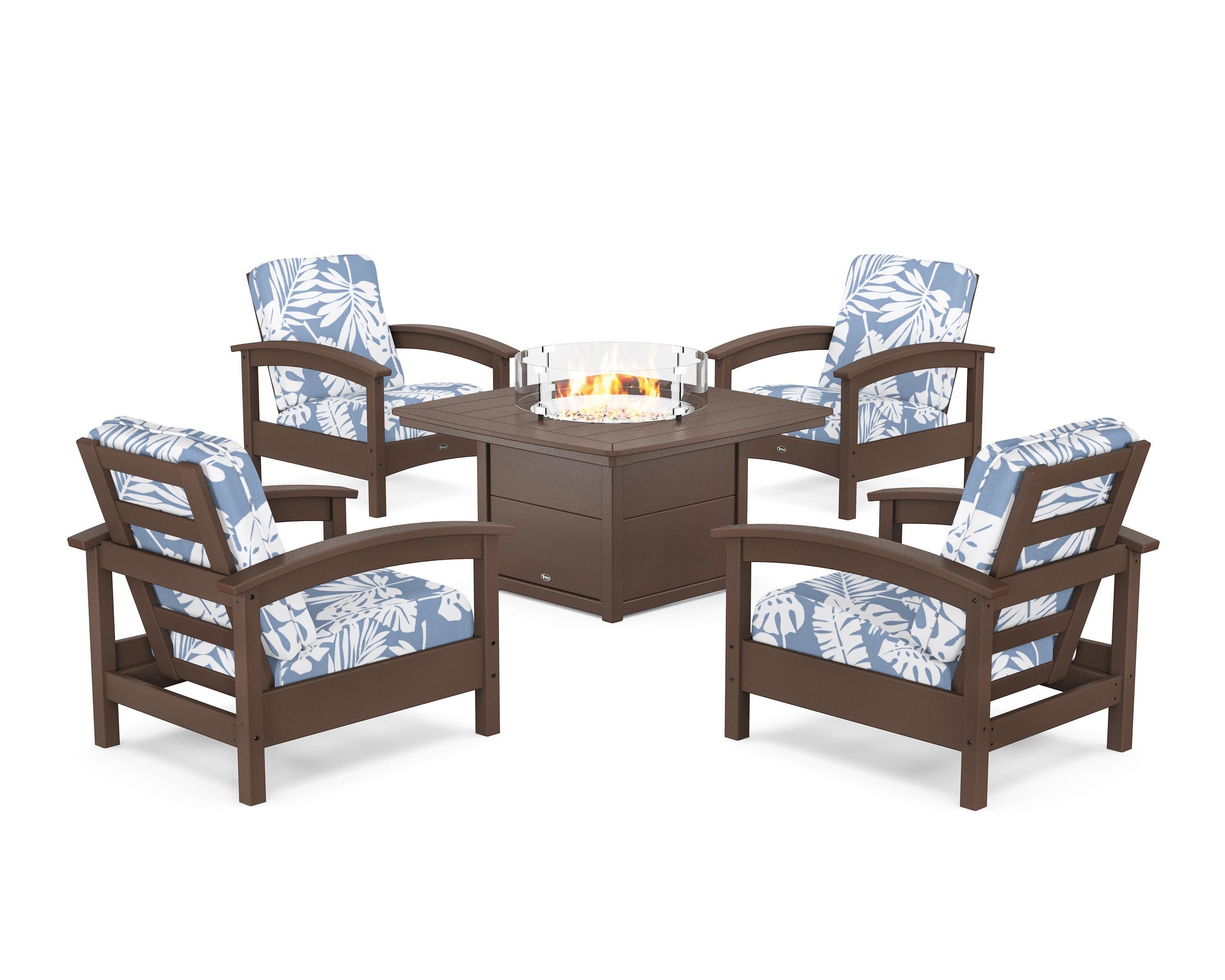 Rockport 5-Piece Deep Seating Set with Yacht Club Fire Pit Table in Vintage Lantern / Leaf Sky Blue