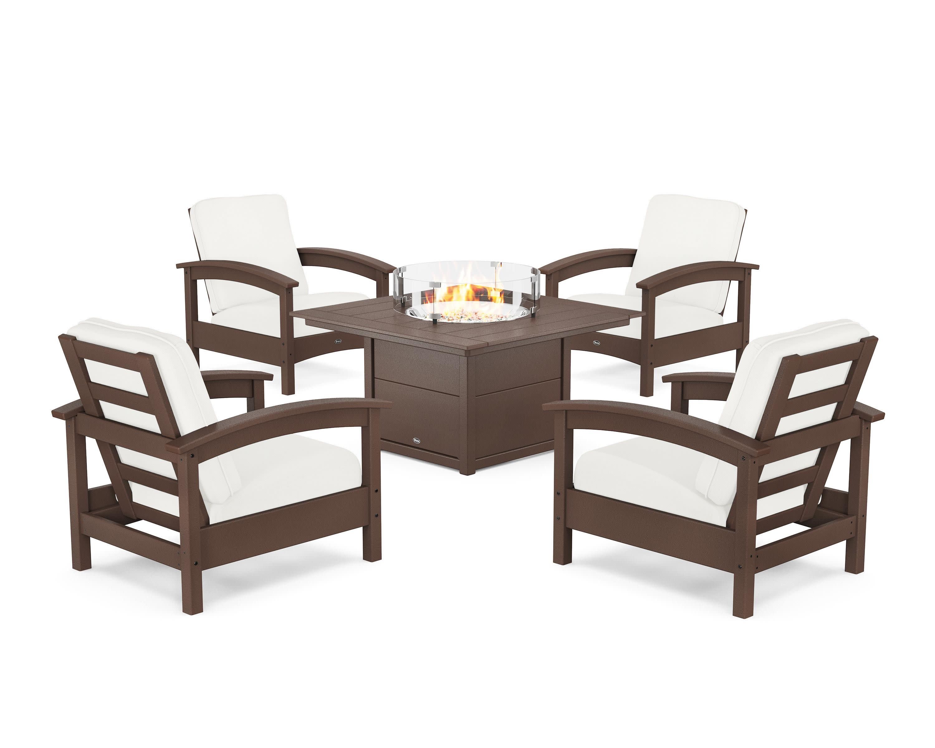 Rockport 5-Piece Deep Seating Set with Square Fire Pit Table in Vintage Lantern / Natural Linen