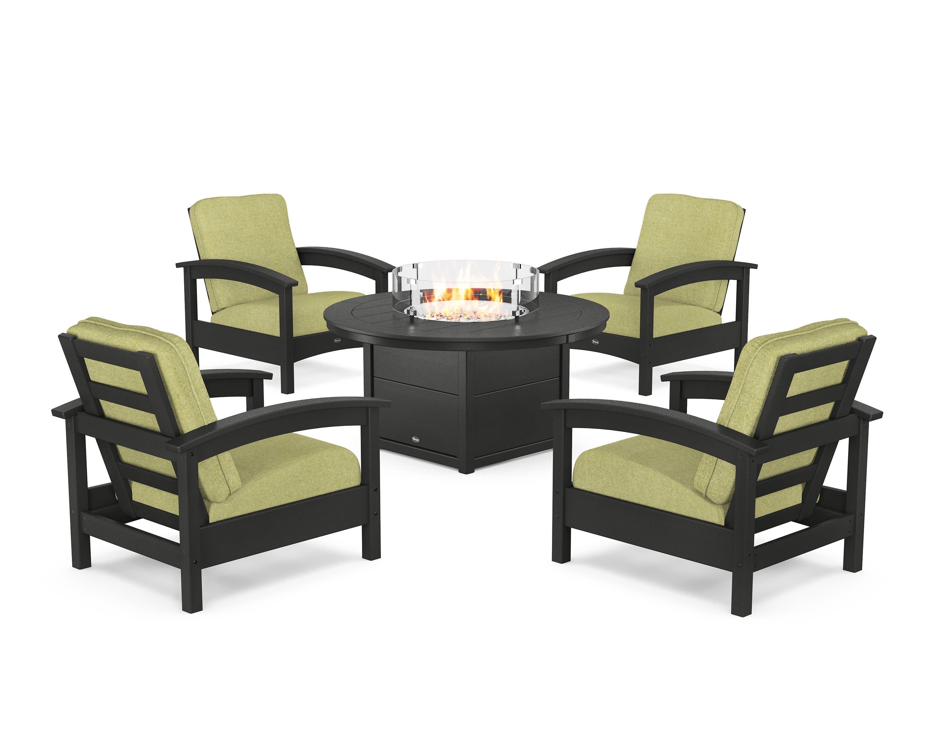 Rockport 5-Piece Deep Seating Set with Round Fire Pit Table in Charcoal Black / Chartreuse Boucle