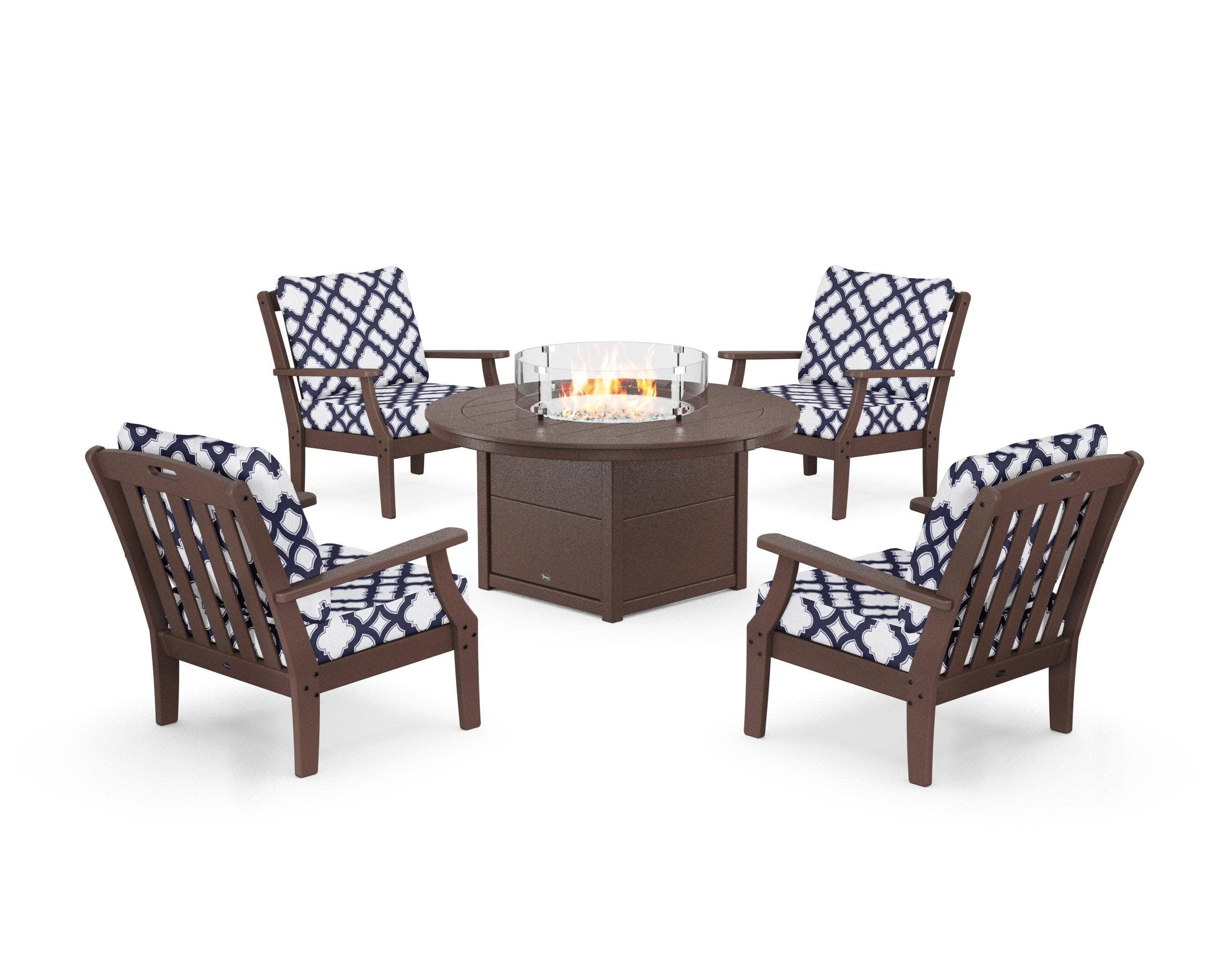 Yacht Club 5-Piece Deep Seating Set with Round Fire Pit Table in Vintage Lantern / Trellis Navy