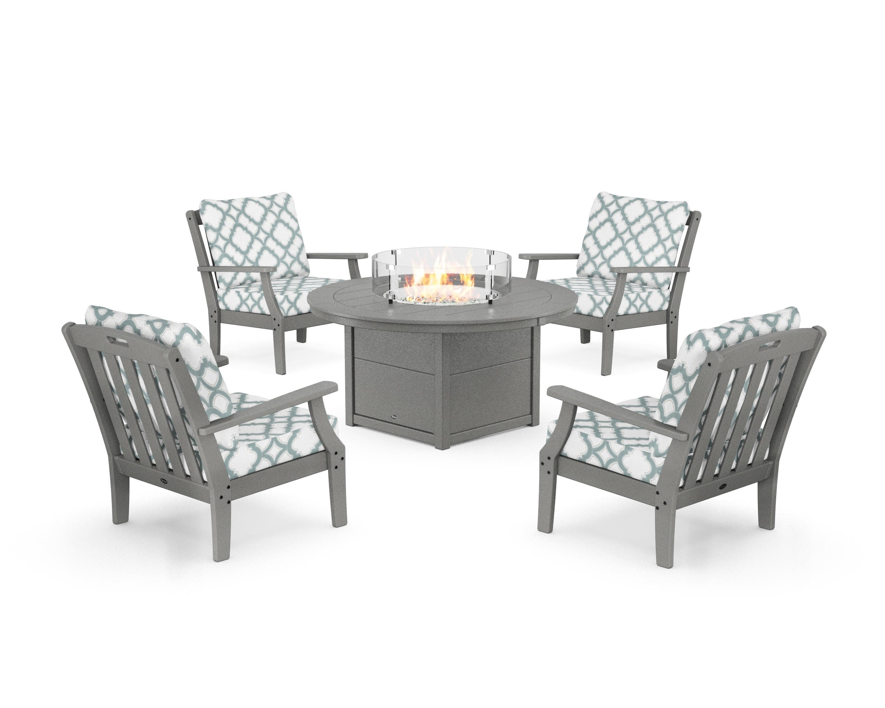 Yacht Club 5-Piece Deep Seating Set with Round Fire Pit Table in Stepping Stone / Trellis Glacier Spa