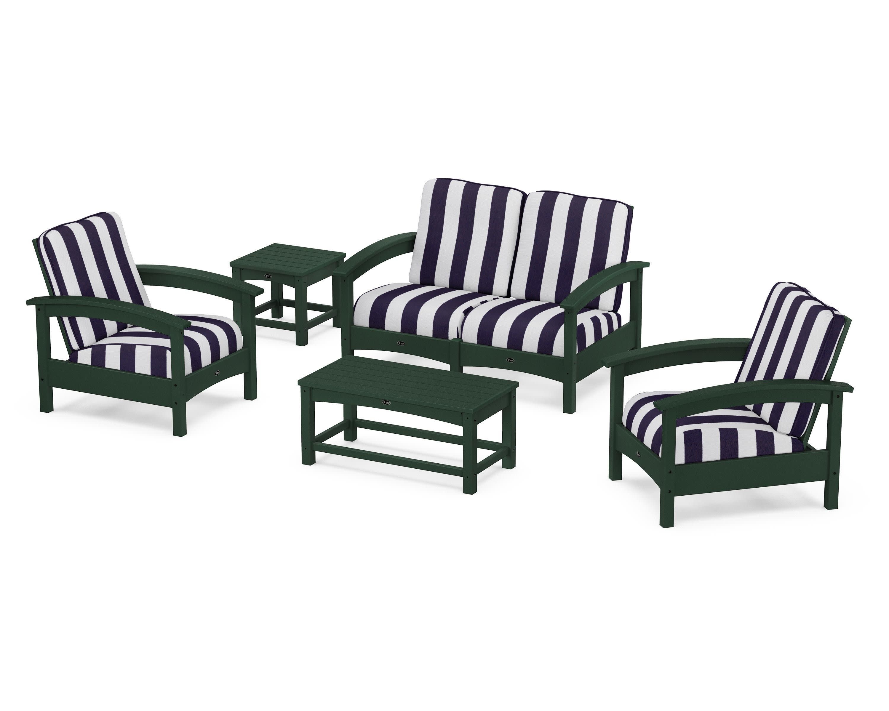 Rockport Club 6-Piece Deep Seating Conversation Set in Rainforest Canopy / Cabana Stripe Navy