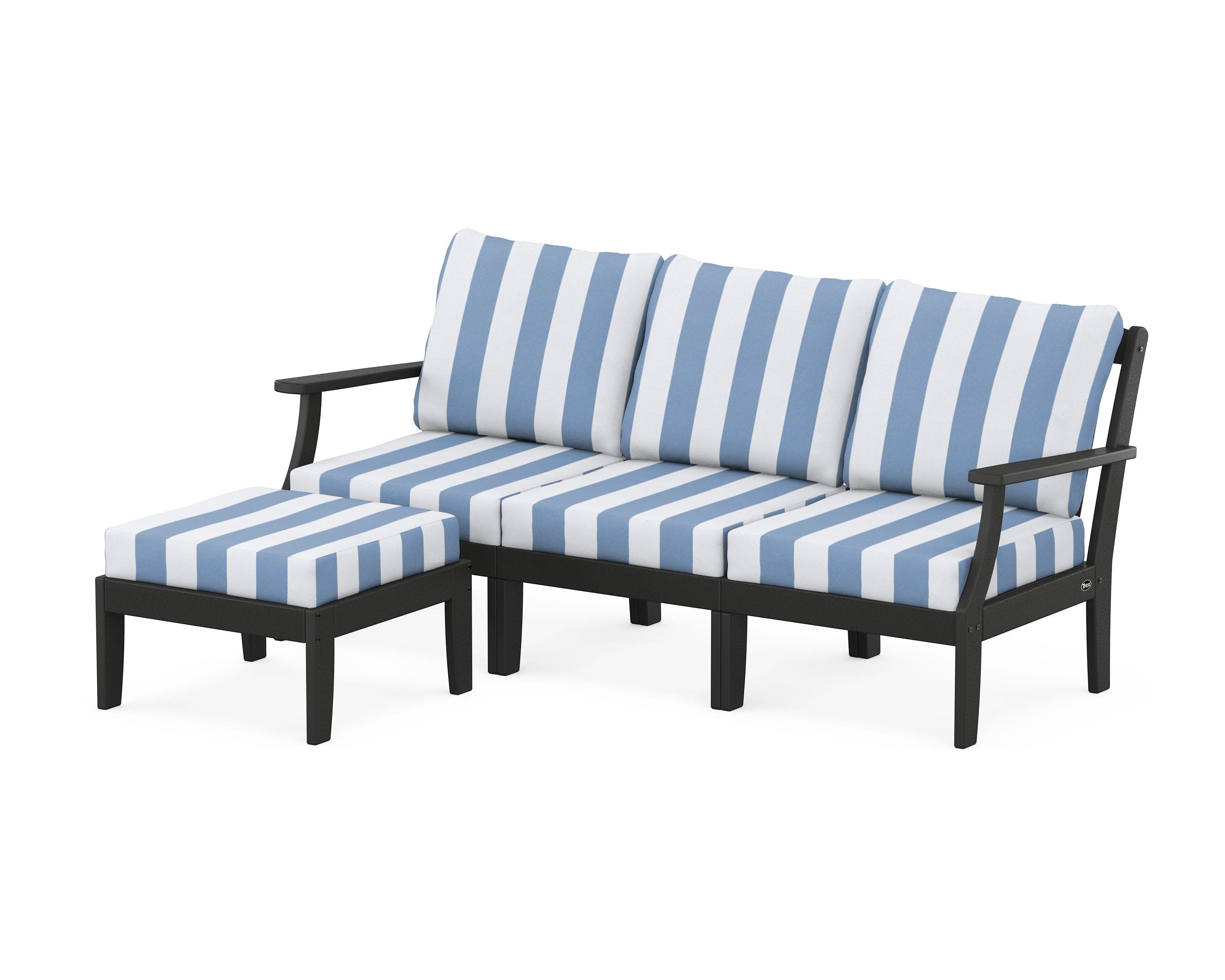 Yacht Club Modular 4-Piece Deep Seating Set with Ottoman in Charcoal Black / Cabana Stripe Sky Blue