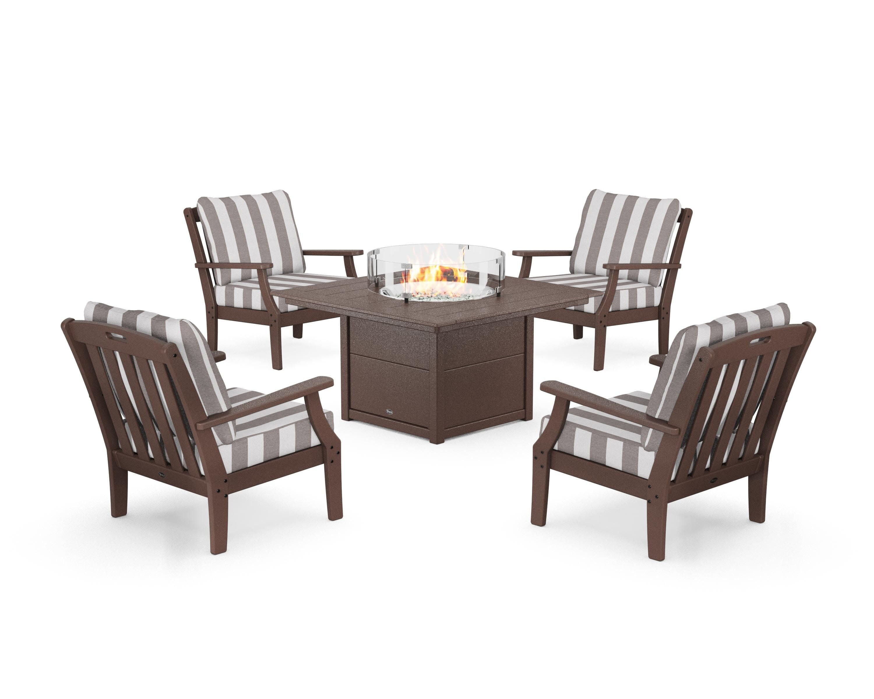 Yacht Club 5-Piece Deep Seating Set with Square Fire Pit Table in Vintage Lantern / Cabana Stripe Grey Mist