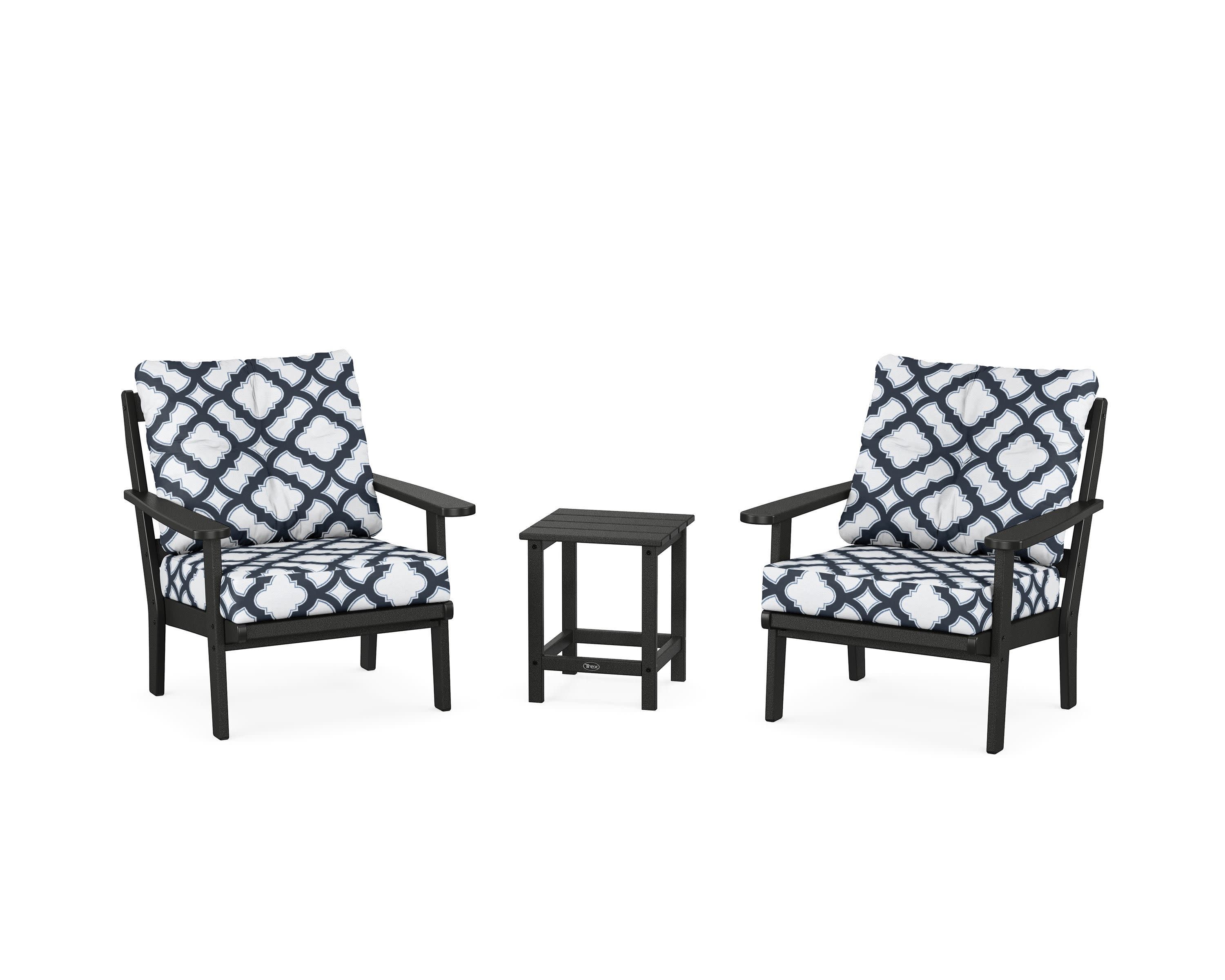 Cape Cod 3-Piece Deep Seating Set in Charcoal Black / Trellis Marine Indigo