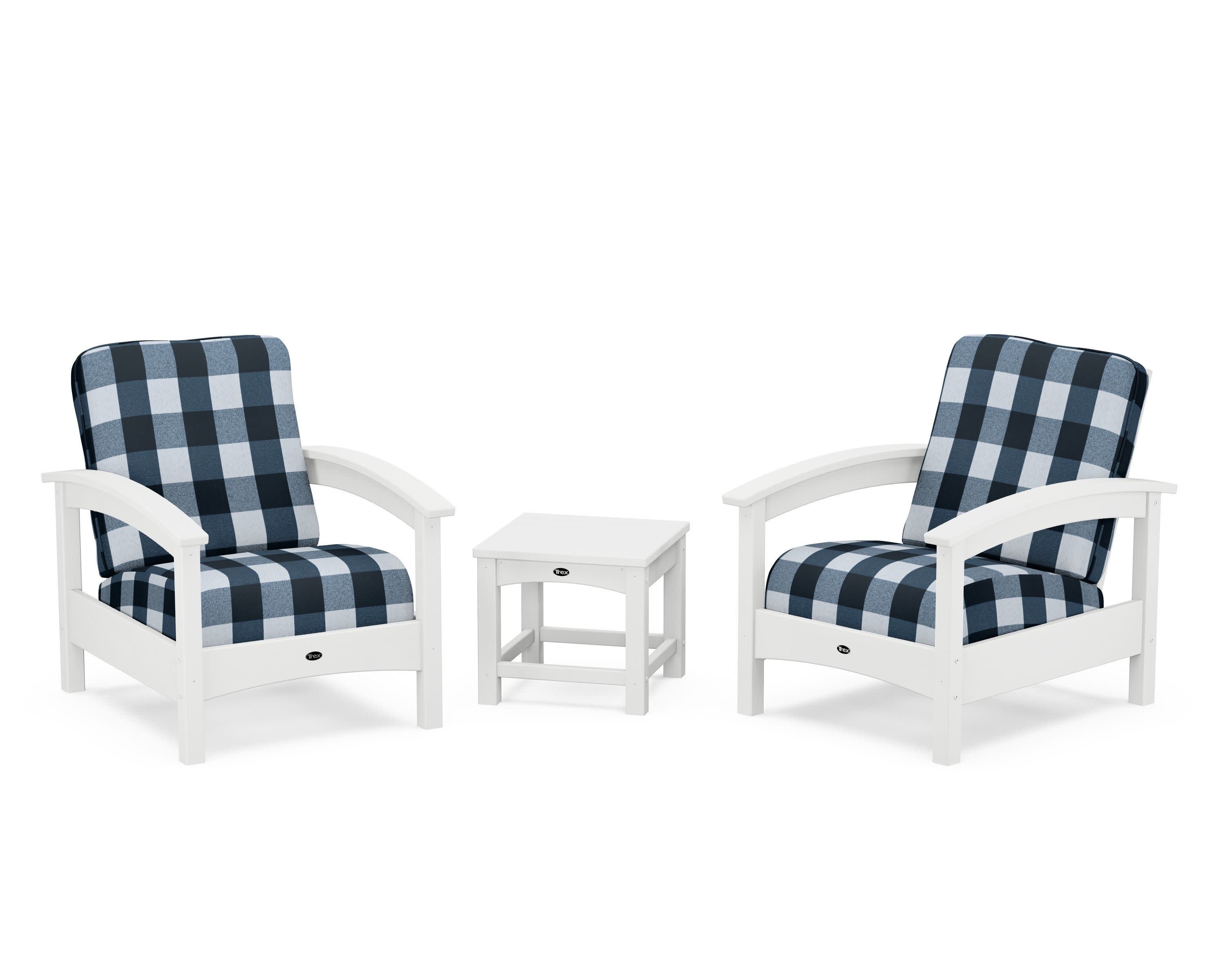 Rockport Club 3-Piece Deep Seating Conversation Set in Classic White / Buffalo Plaid Marine Indigo