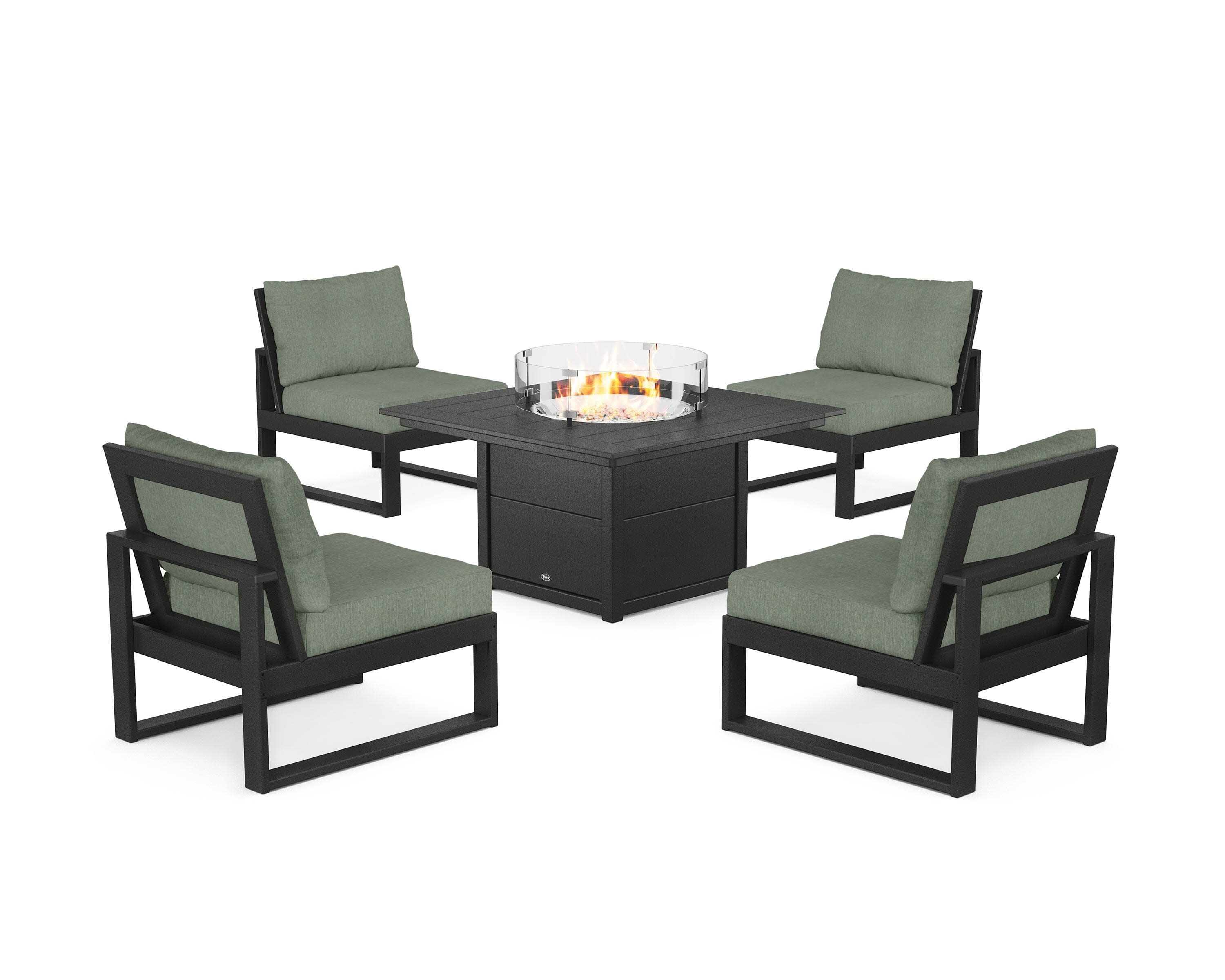 Eastport Modular 5-Piece Deep Seating Set with Square Fire Pit Table in Charcoal Black / Cast Sage