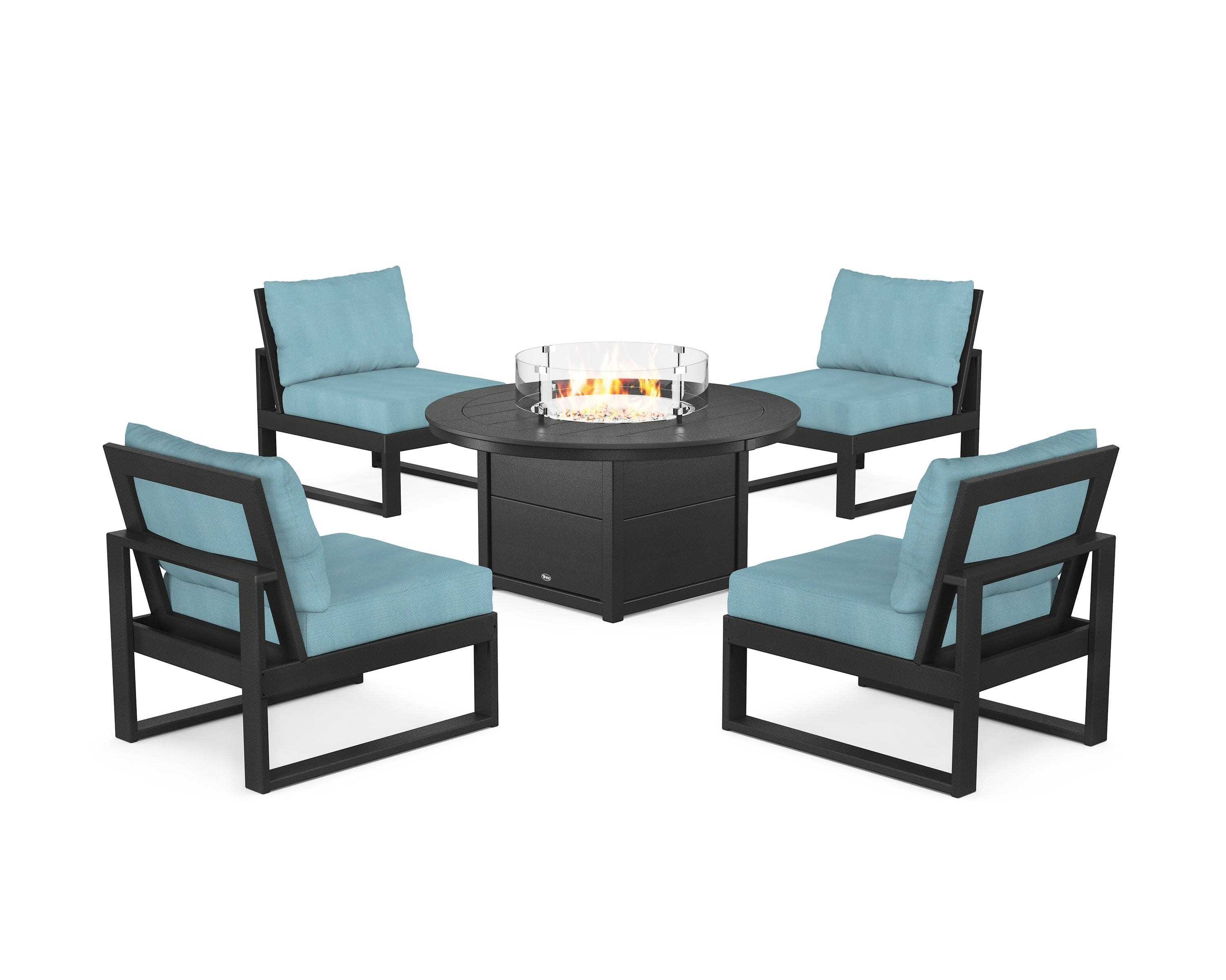Eastport Modular 5-Piece Deep Seating Set with Round Fire Pit Table in Charcoal Black / Lattice Sky Blue