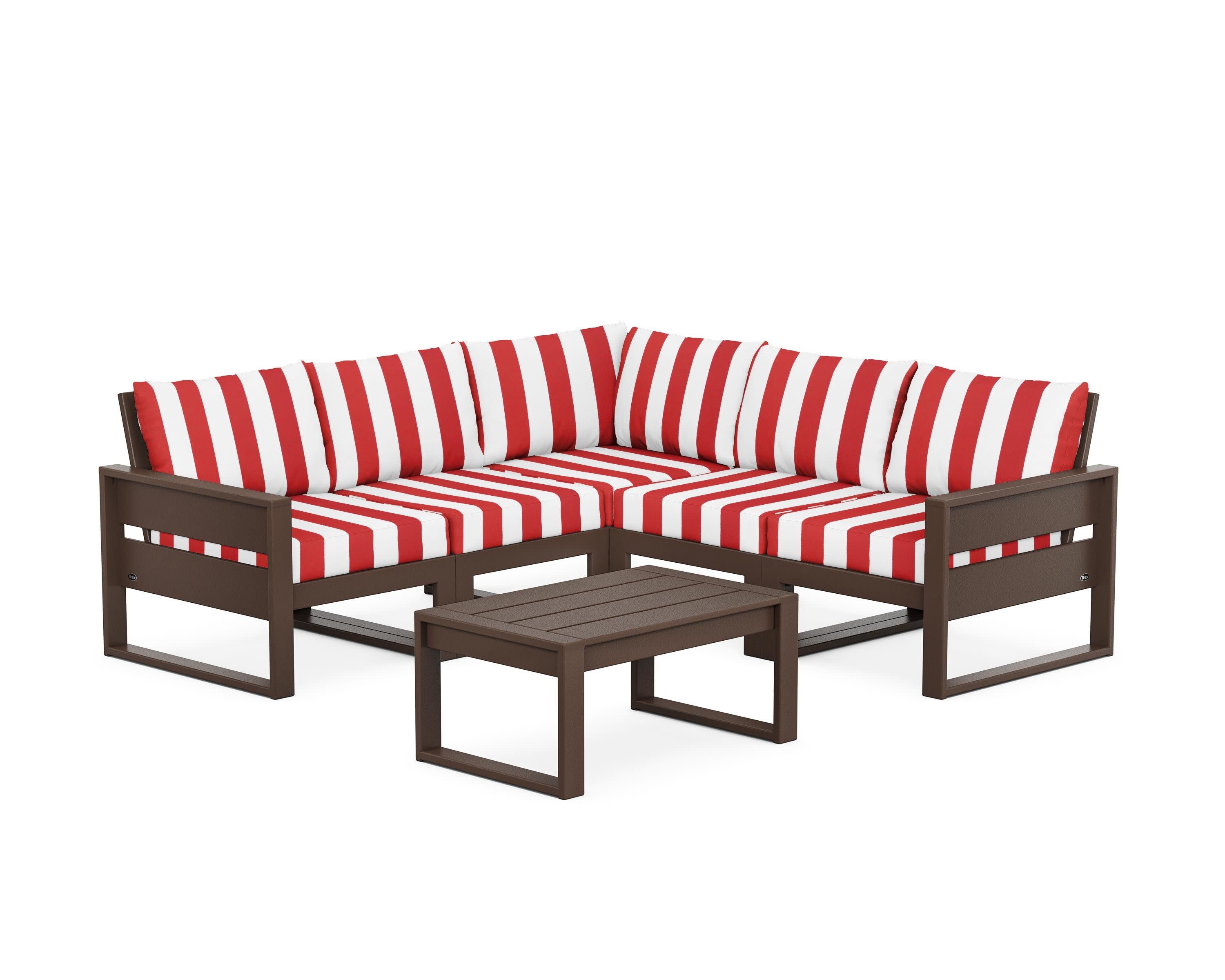 Eastport 6-Piece Deep Seating Sectional + Coffee Table Set in Vintage Lantern / Cabana Stripe Crimson