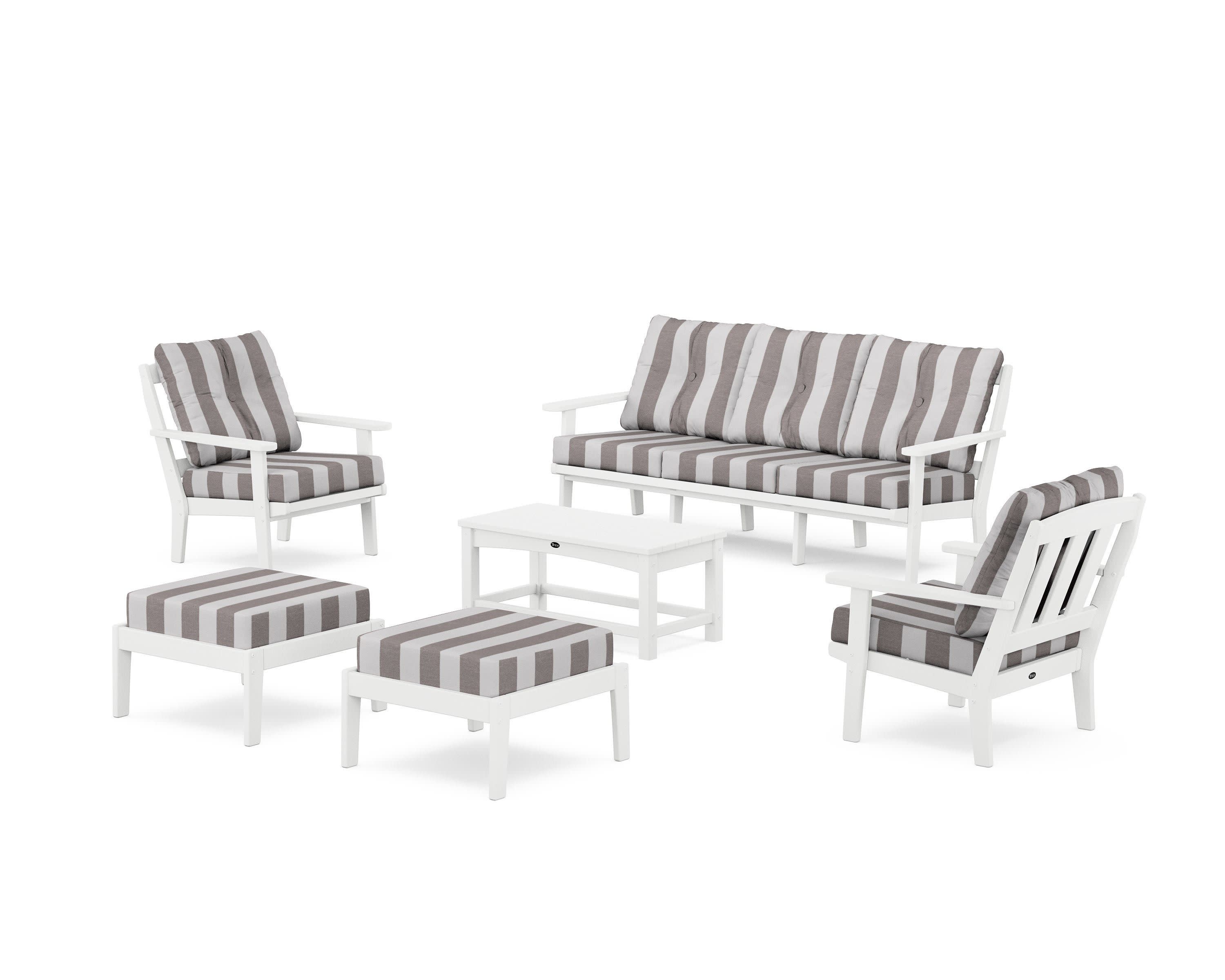 Cape Cod 6-Piece Lounge Sofa Set in Classic White / Cabana Stripe Grey Mist